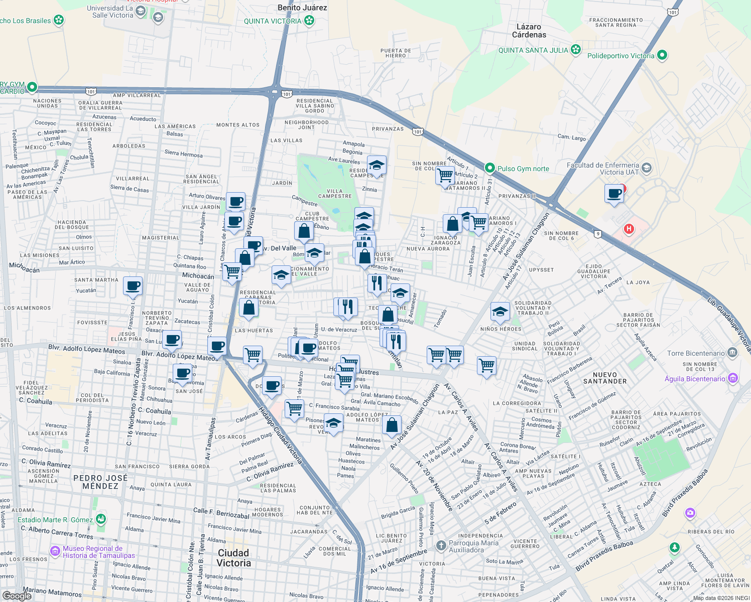 map of restaurants, bars, coffee shops, grocery stores, and more near 2138 Teonacaztle in Ciudad Victoria