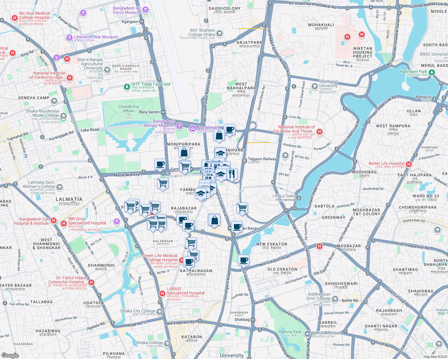 map of restaurants, bars, coffee shops, grocery stores, and more near Farmgate-Tejturi Bazar Rd in Dhaka