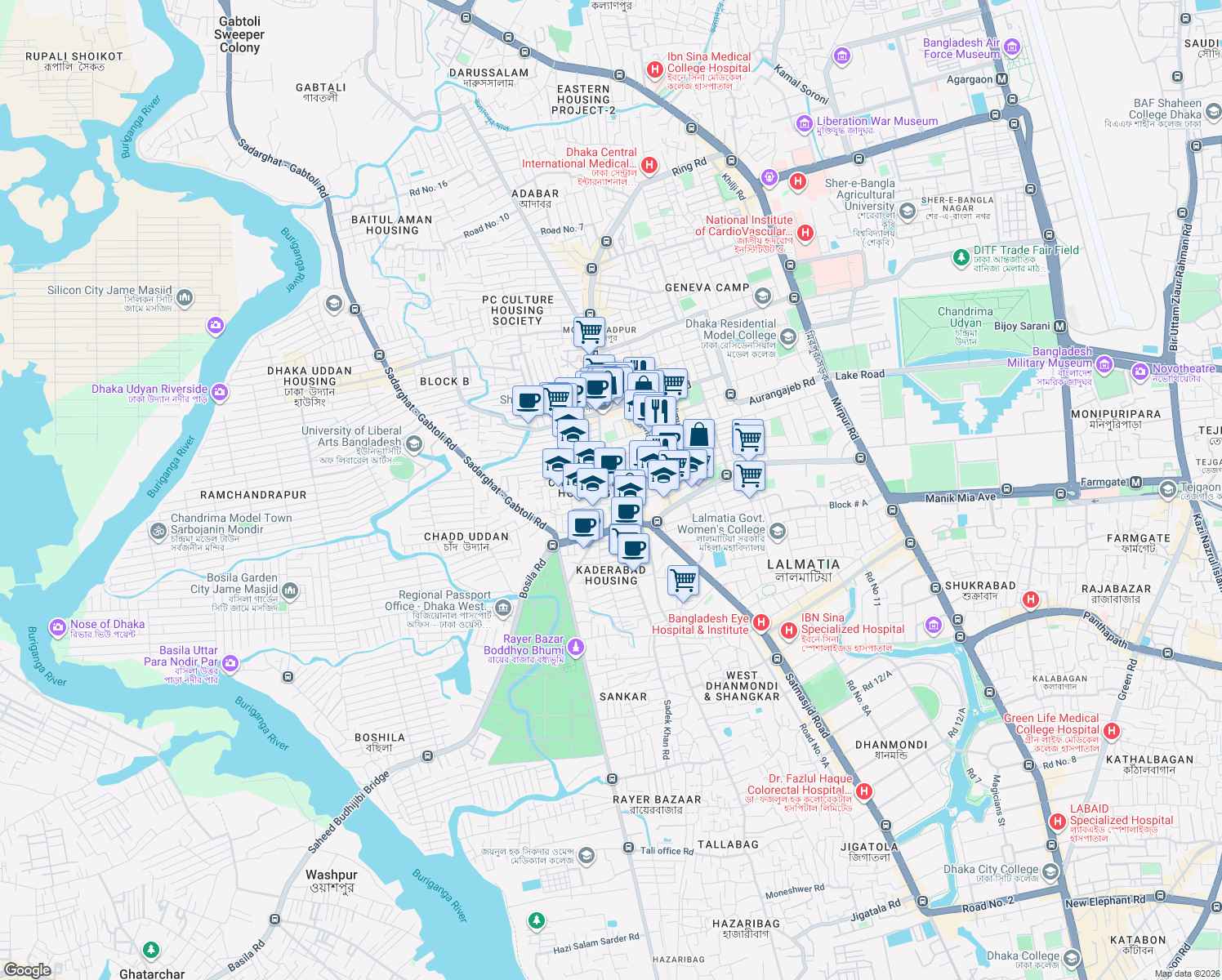 map of restaurants, bars, coffee shops, grocery stores, and more near Sher-E-Bangla Road in Dhaka
