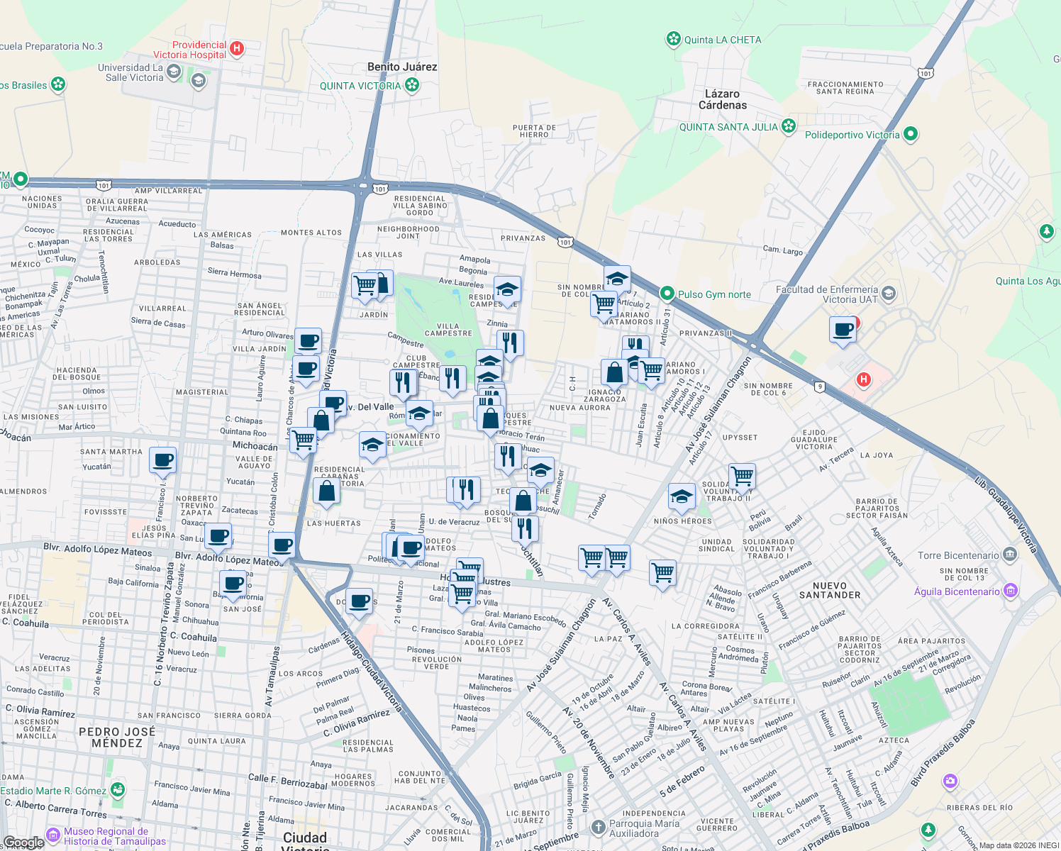 map of restaurants, bars, coffee shops, grocery stores, and more near 365 Calle Mónaco in Ciudad Victoria