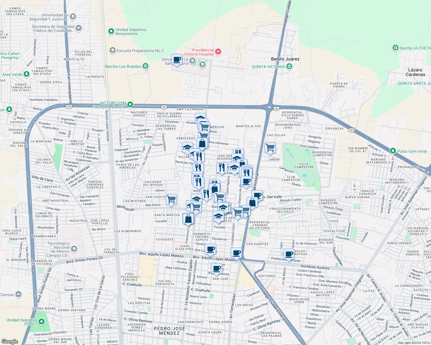 map of restaurants, bars, coffee shops, grocery stores, and more near 1352 Gaspar de la Garza in Ciudad Victoria