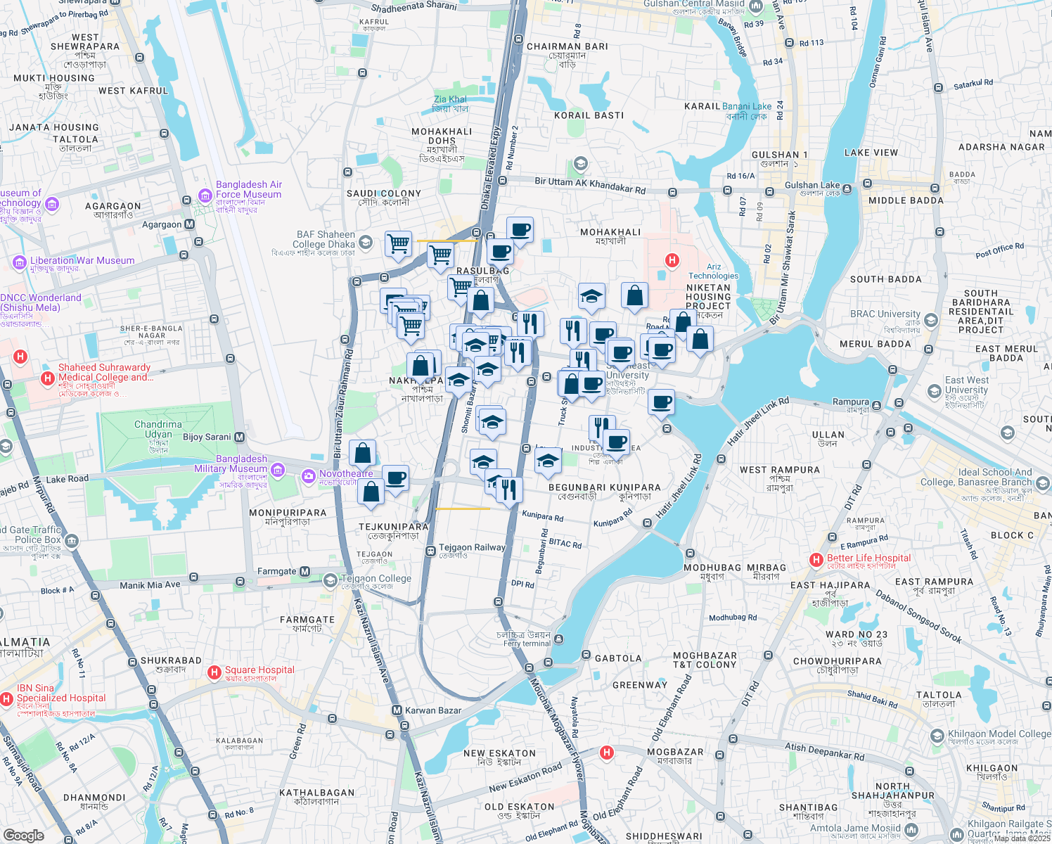 map of restaurants, bars, coffee shops, grocery stores, and more near Shaheed Tajuddin Ahmed Avenue in Dhaka