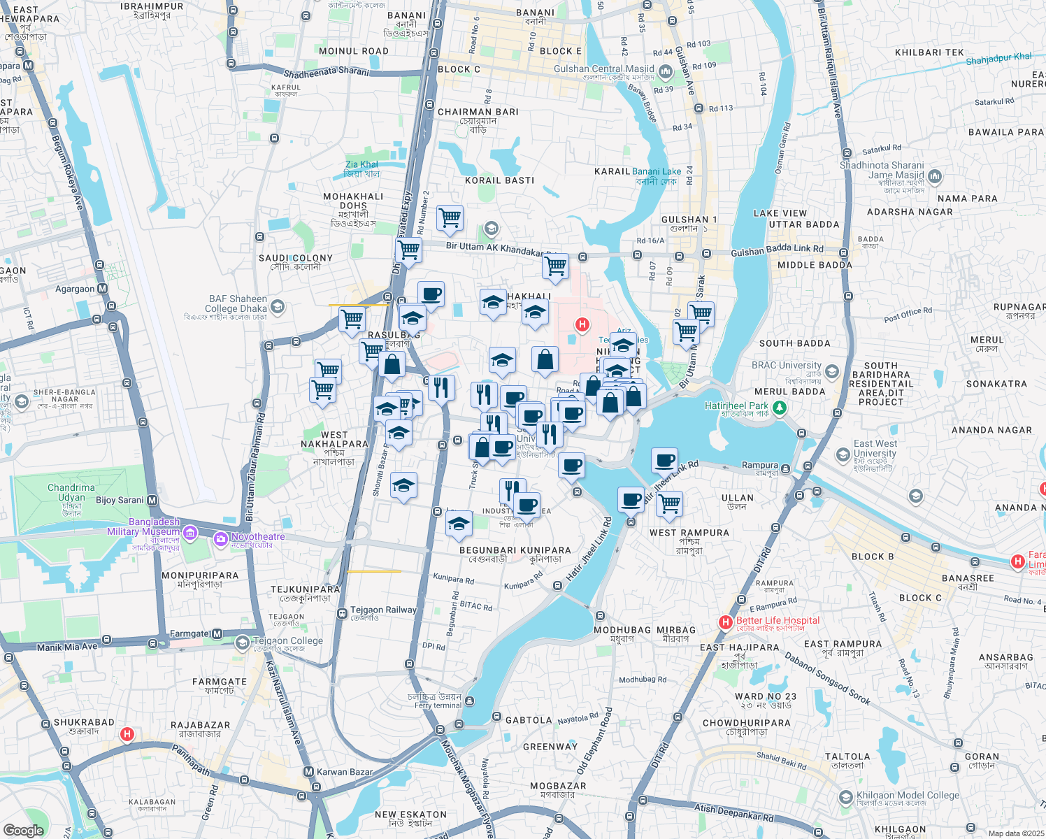 map of restaurants, bars, coffee shops, grocery stores, and more near 213 Bir Uttam Mir Shawkat Sarak in Dhaka