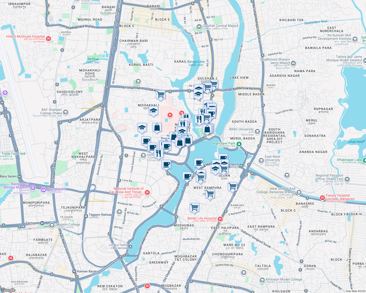 map of restaurants, bars, coffee shops, grocery stores, and more near Bir Uttam Mir Shawkat Sarak in Dhaka
