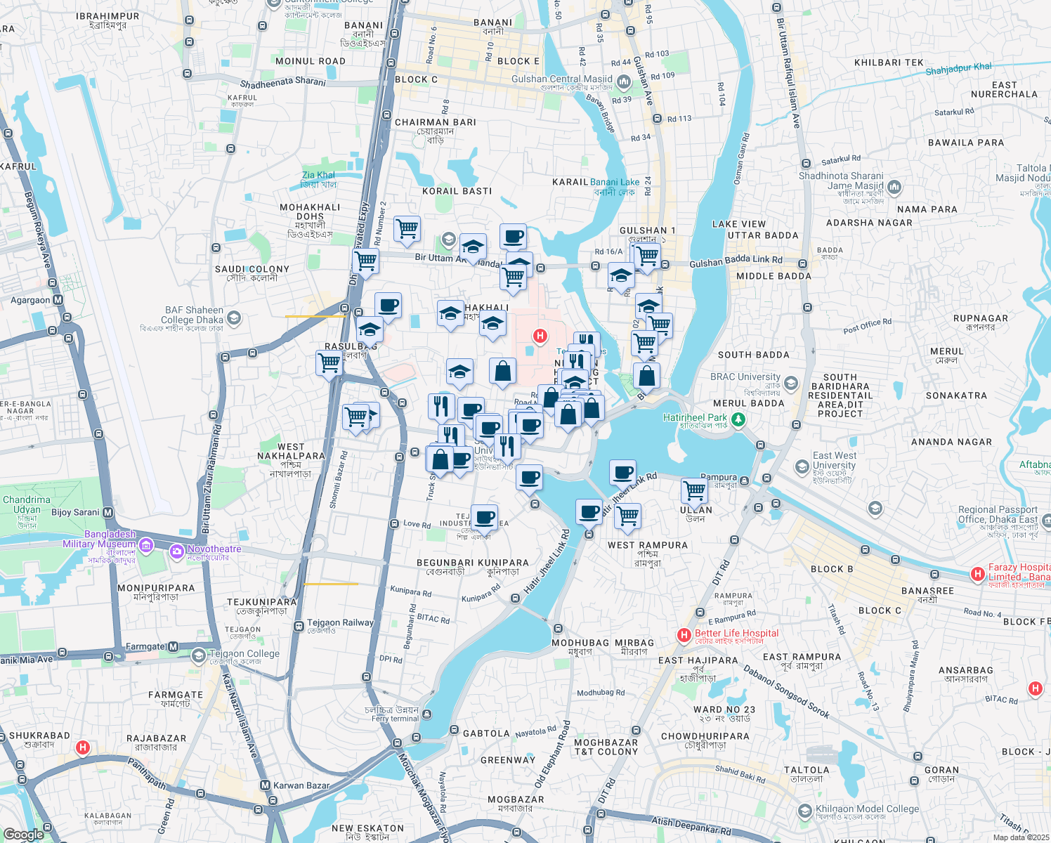 map of restaurants, bars, coffee shops, grocery stores, and more near 213 Bir Uttam Mir Shawkat Sarak in Dhaka