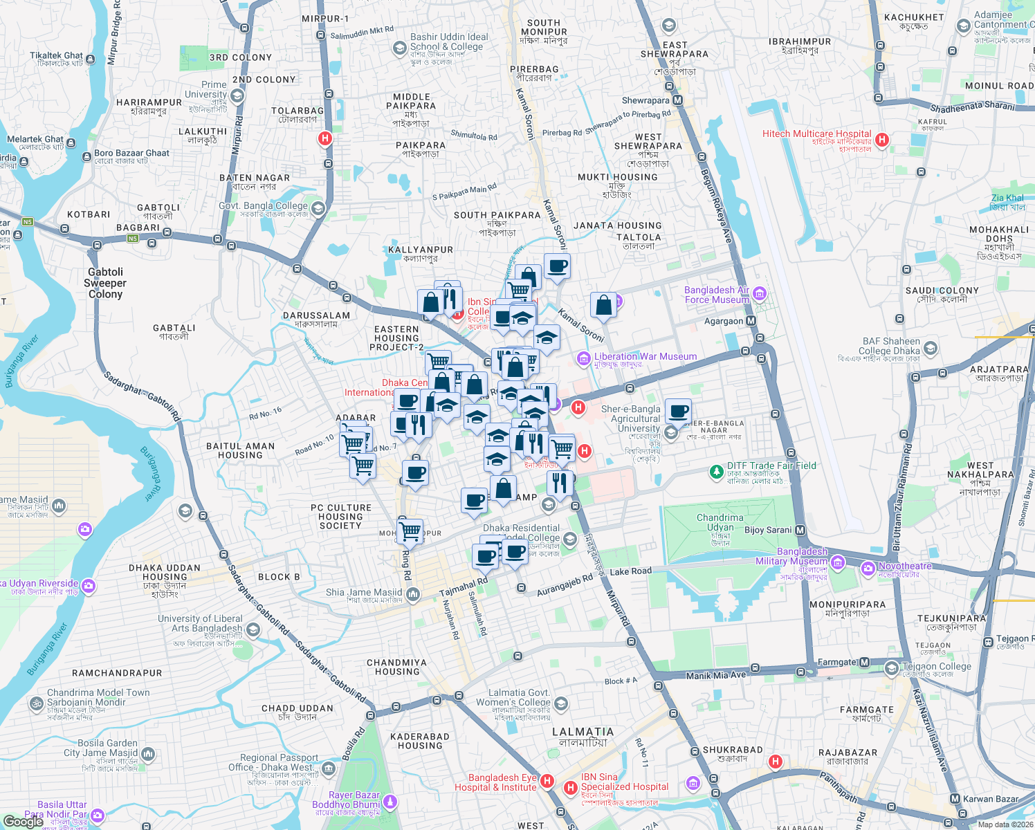 map of restaurants, bars, coffee shops, grocery stores, and more near Khilji Road in Dhaka