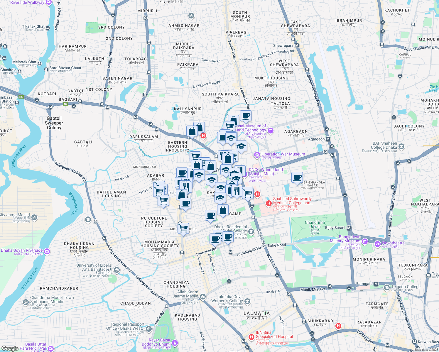 map of restaurants, bars, coffee shops, grocery stores, and more near 1207 Khilji Road in Dhaka