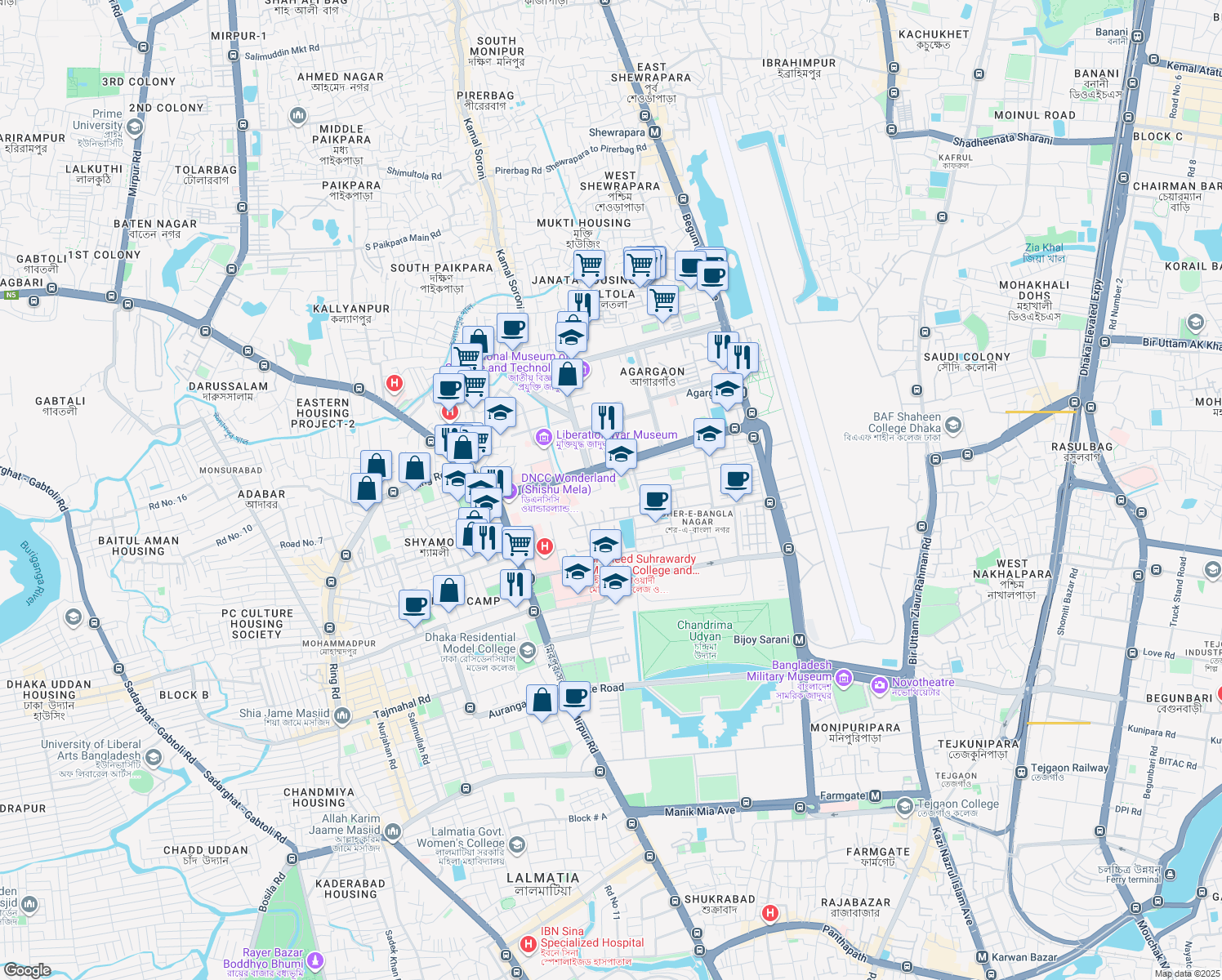 map of restaurants, bars, coffee shops, grocery stores, and more near 32 Syed Mahbub Morshed Avenue in Dhaka