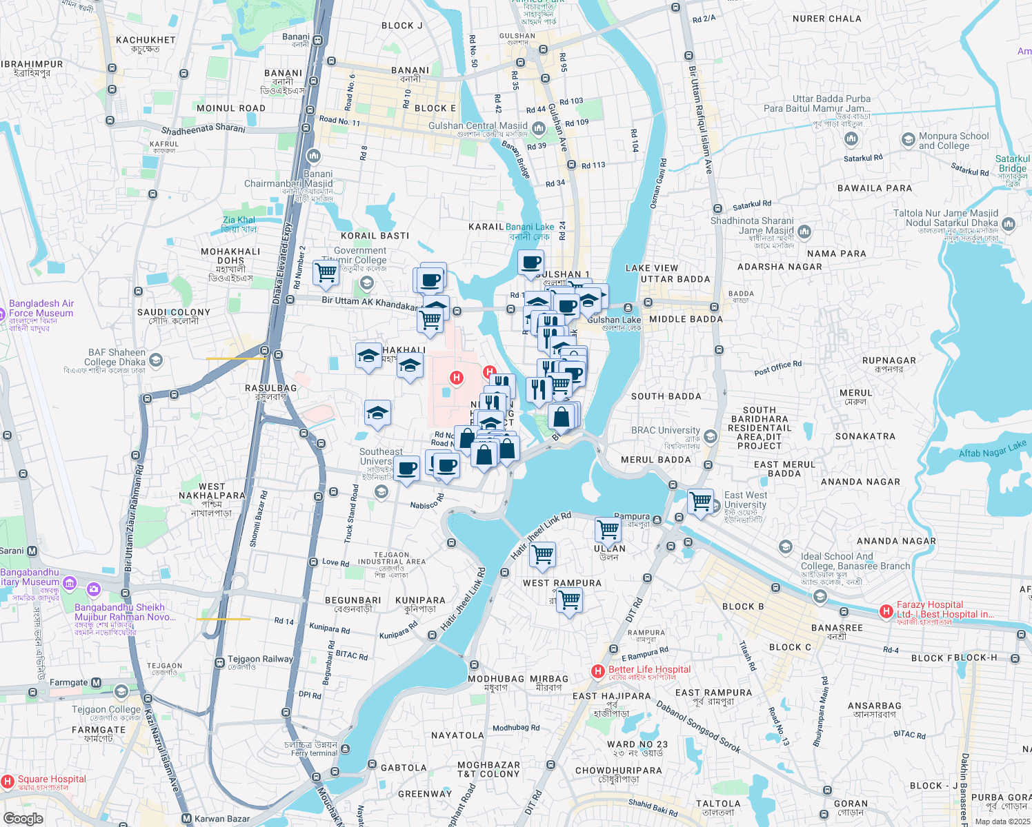 map of restaurants, bars, coffee shops, grocery stores, and more near 01 Road No. 1 in Dhaka