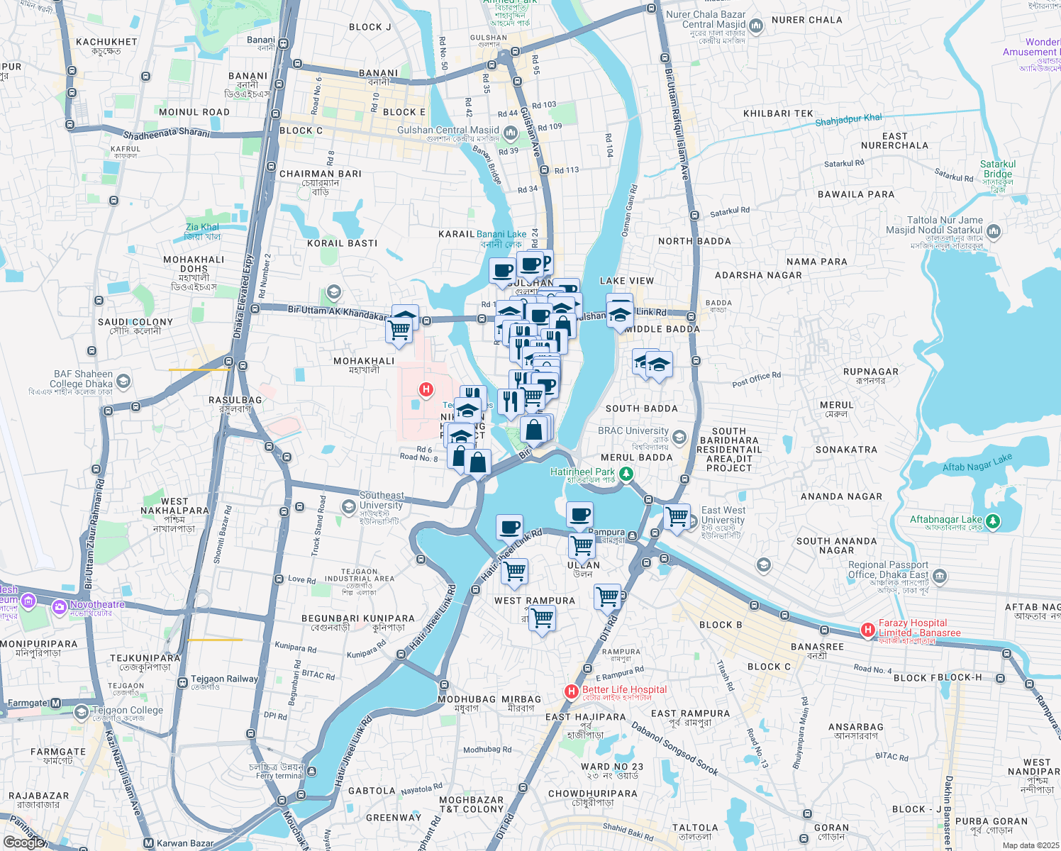 map of restaurants, bars, coffee shops, grocery stores, and more near 01 Road No. 1 in Dhaka