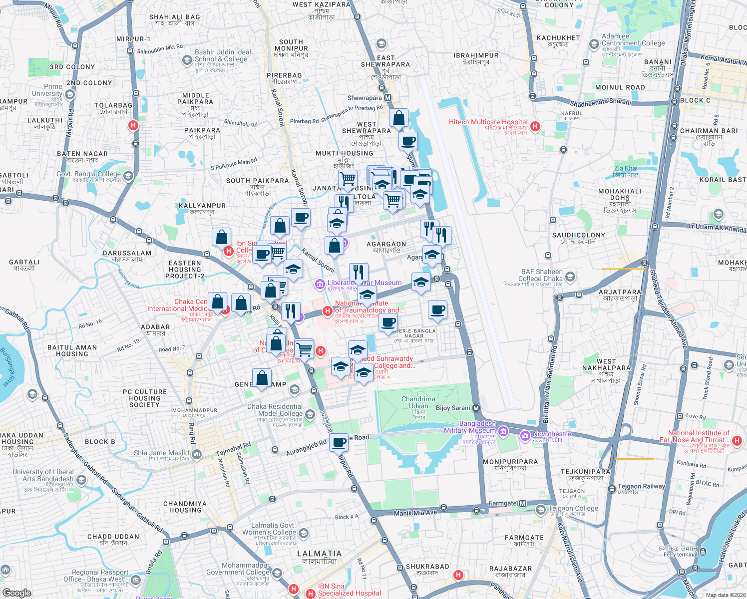 map of restaurants, bars, coffee shops, grocery stores, and more near Syed Mahbub Morshed Avenue in Dhaka