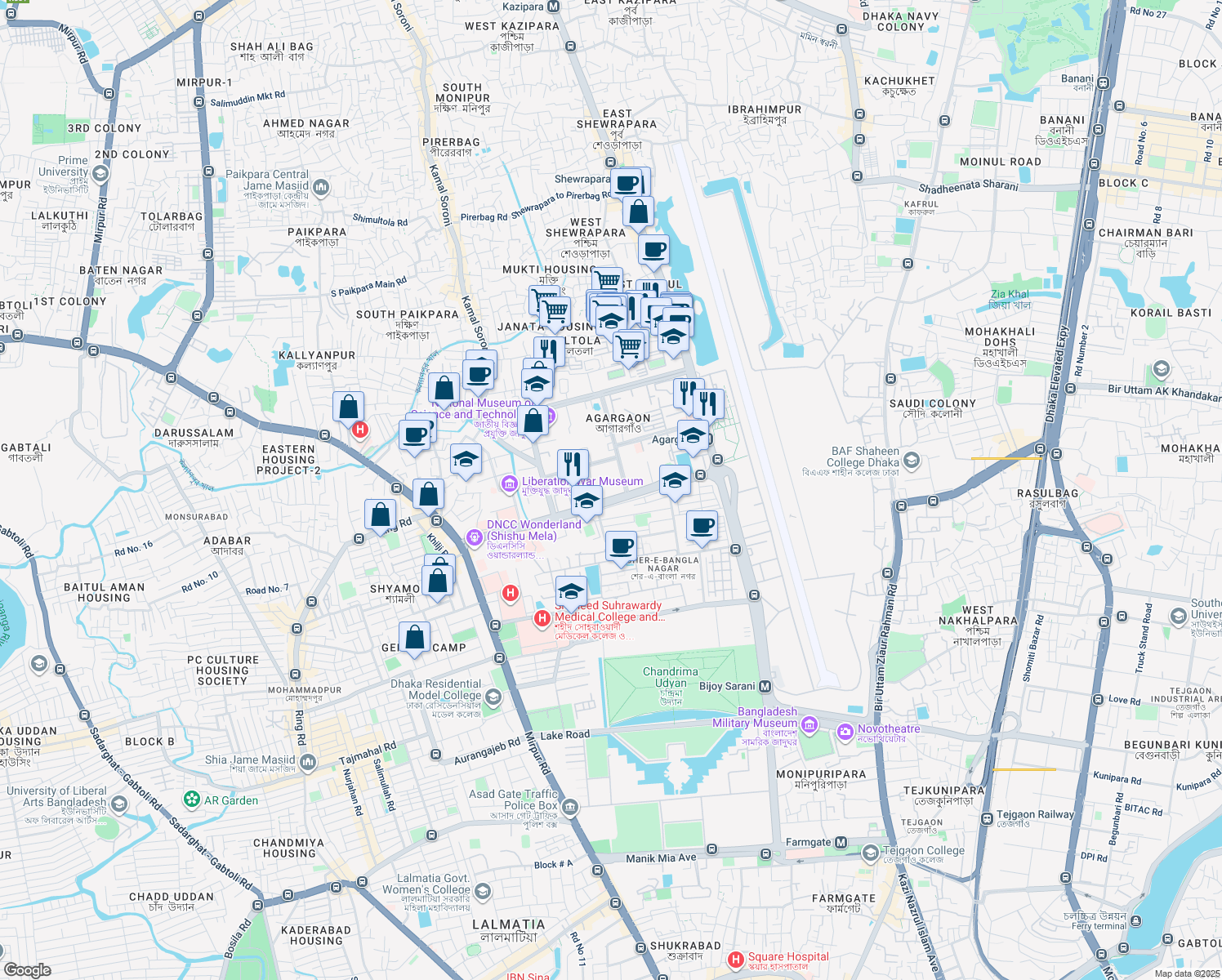 map of restaurants, bars, coffee shops, grocery stores, and more near 32 Syed Mahbub Morshed Avenue in Dhaka