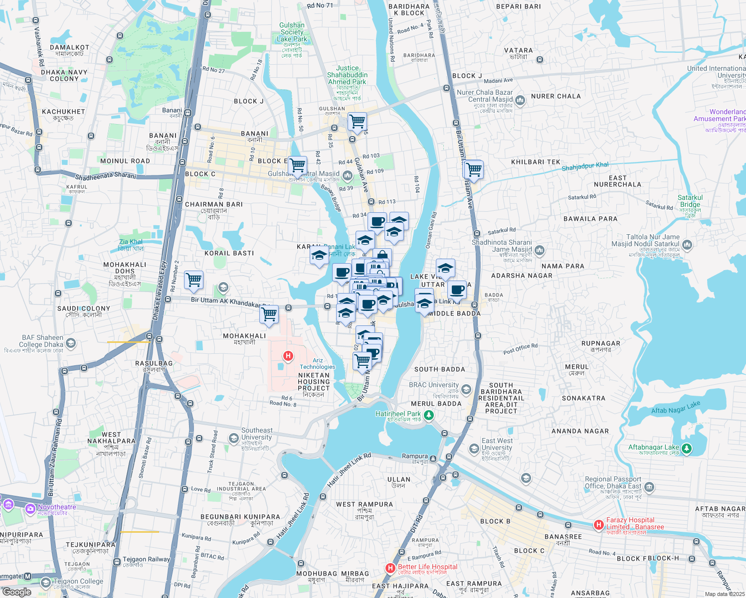 map of restaurants, bars, coffee shops, grocery stores, and more near 50/1 Gulshan Avenue in Dhaka