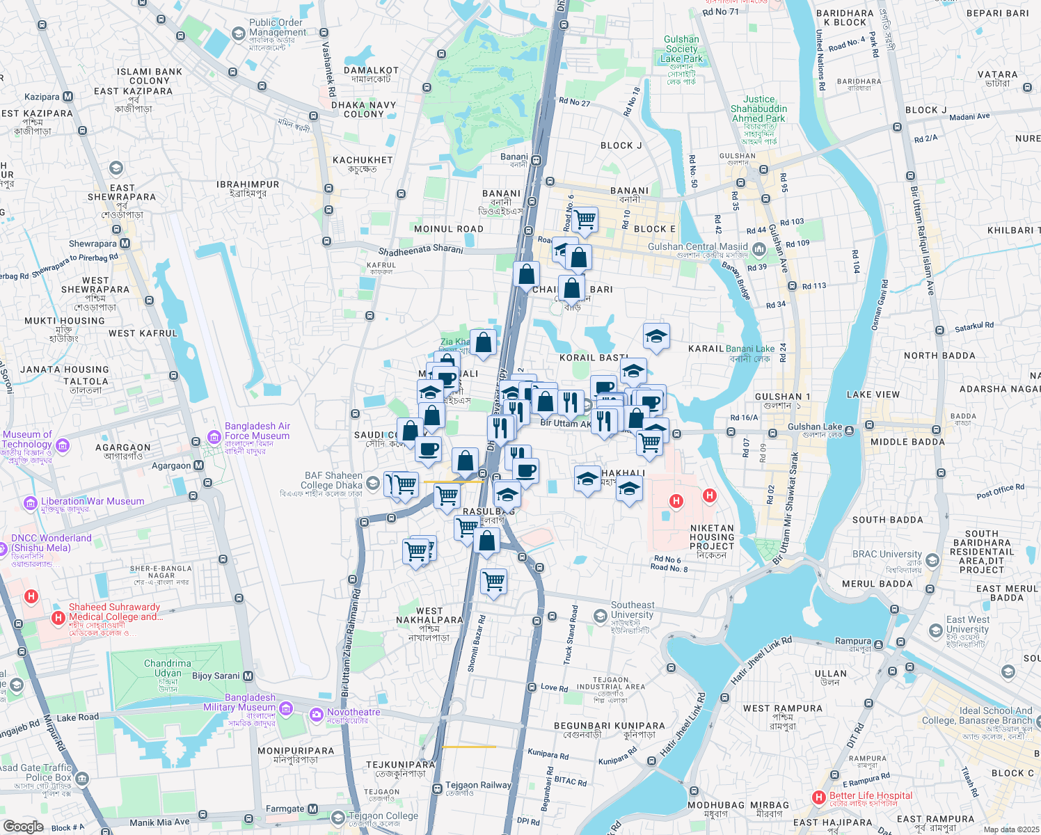 map of restaurants, bars, coffee shops, grocery stores, and more near 4 Bir Uttam AK Khandakar Road in Dhaka