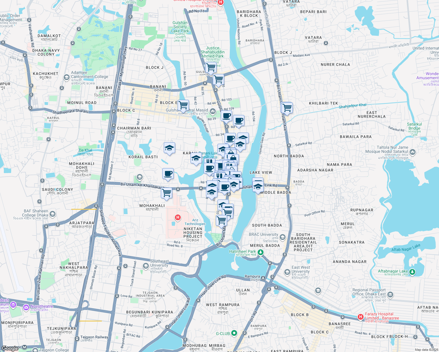 map of restaurants, bars, coffee shops, grocery stores, and more near Plot 50 Road 23 in Dhaka