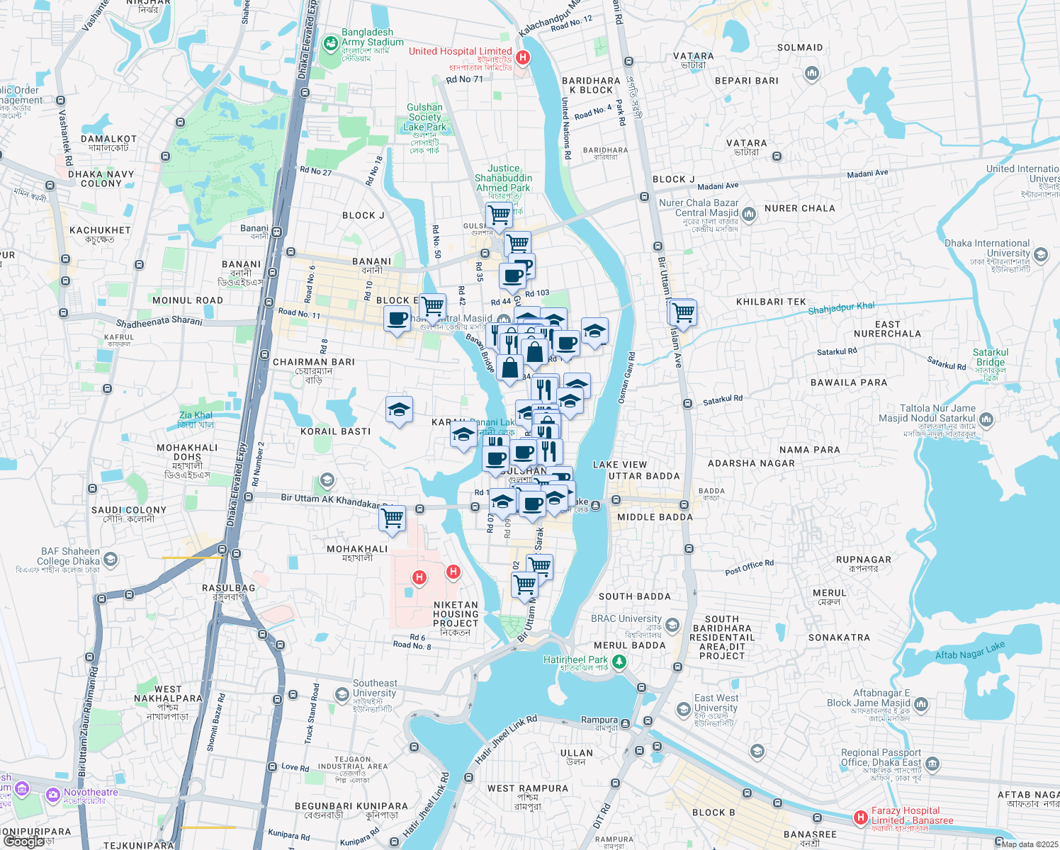 map of restaurants, bars, coffee shops, grocery stores, and more near 75 Gulshan Avenue in Dhaka