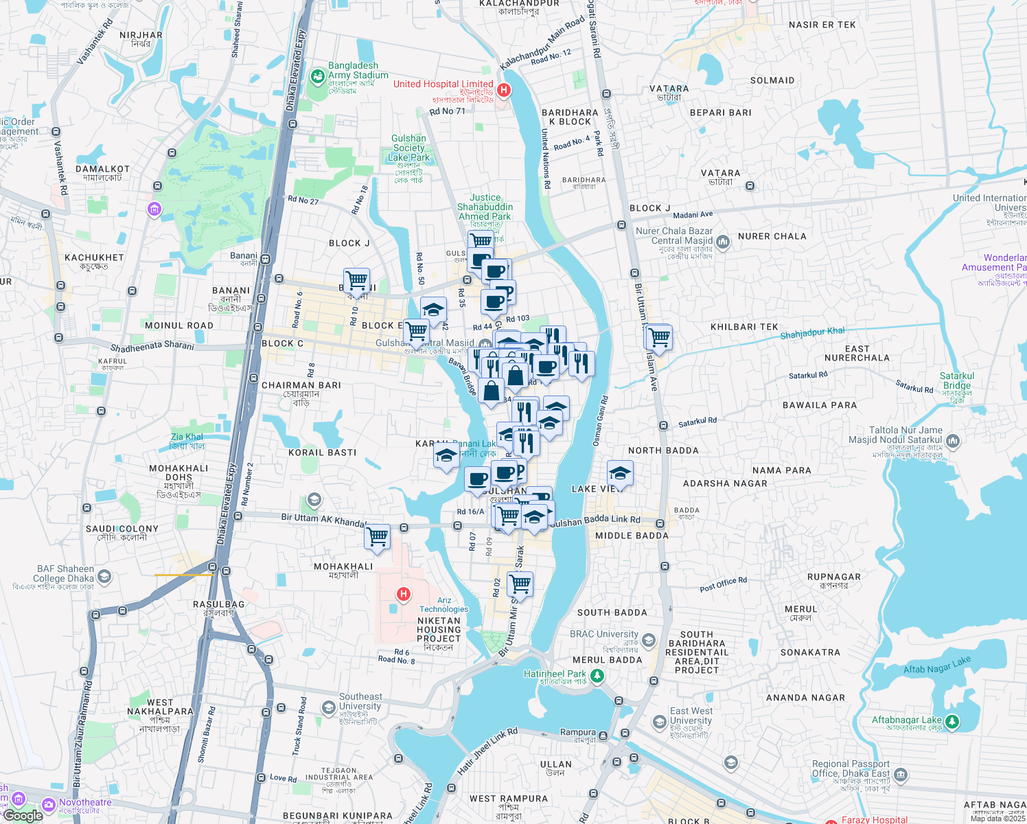 map of restaurants, bars, coffee shops, grocery stores, and more near 89 Gulshan Avenue in Dhaka