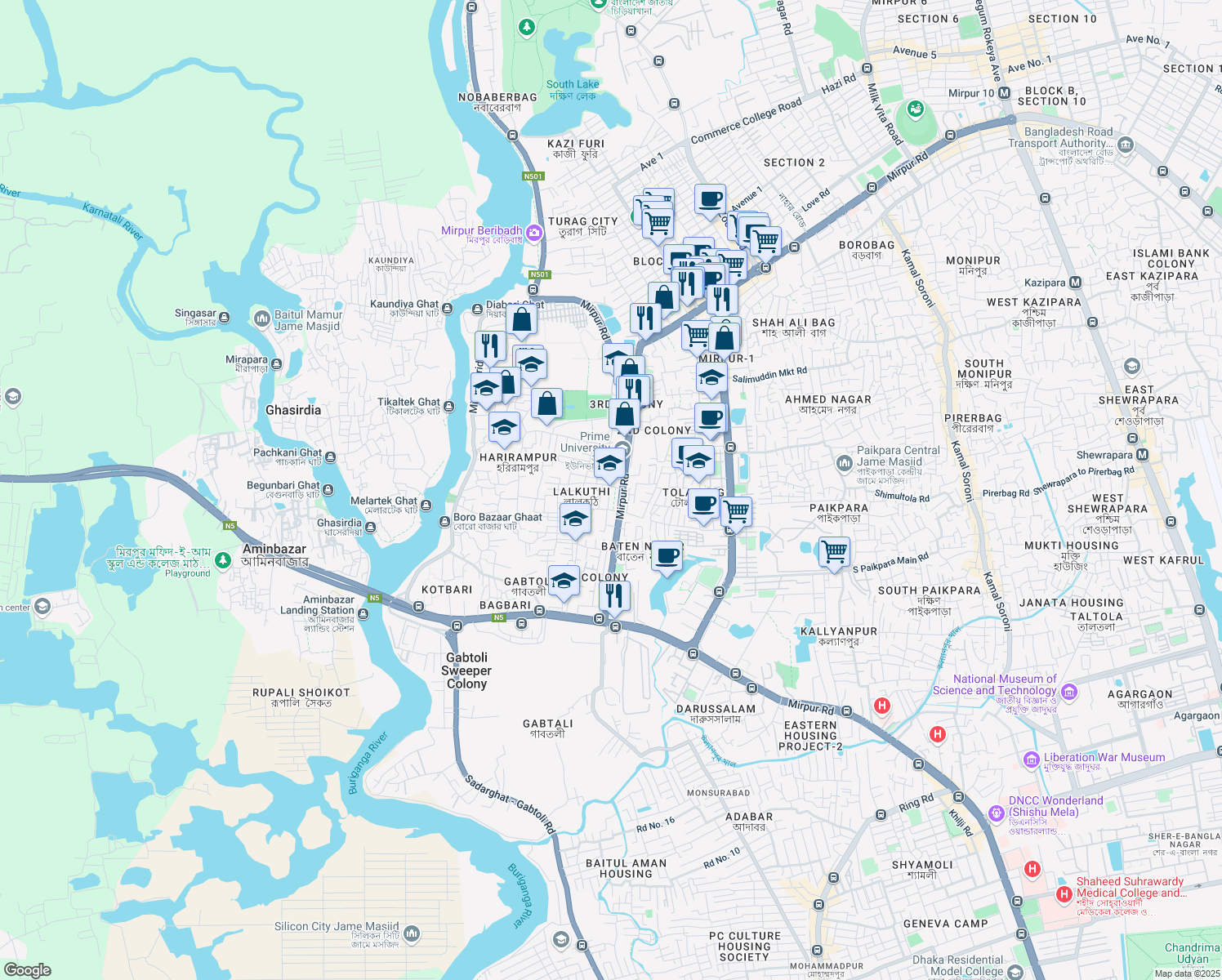 map of restaurants, bars, coffee shops, grocery stores, and more near Lalkuthi Boro Moshjid Road in Dhaka