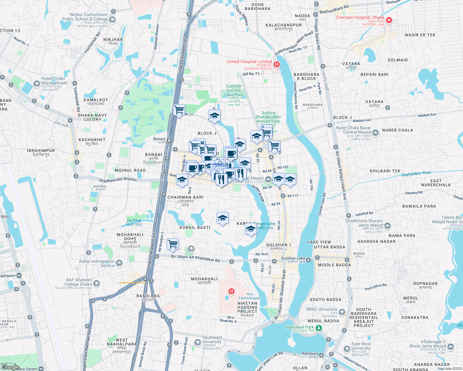 map of restaurants, bars, coffee shops, grocery stores, and more near 1213 Road Number 11 in Dhaka