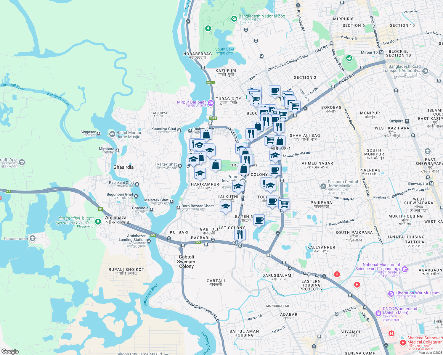 map of restaurants, bars, coffee shops, grocery stores, and more near Lalkuthi Boro Masjid Road in Dhaka