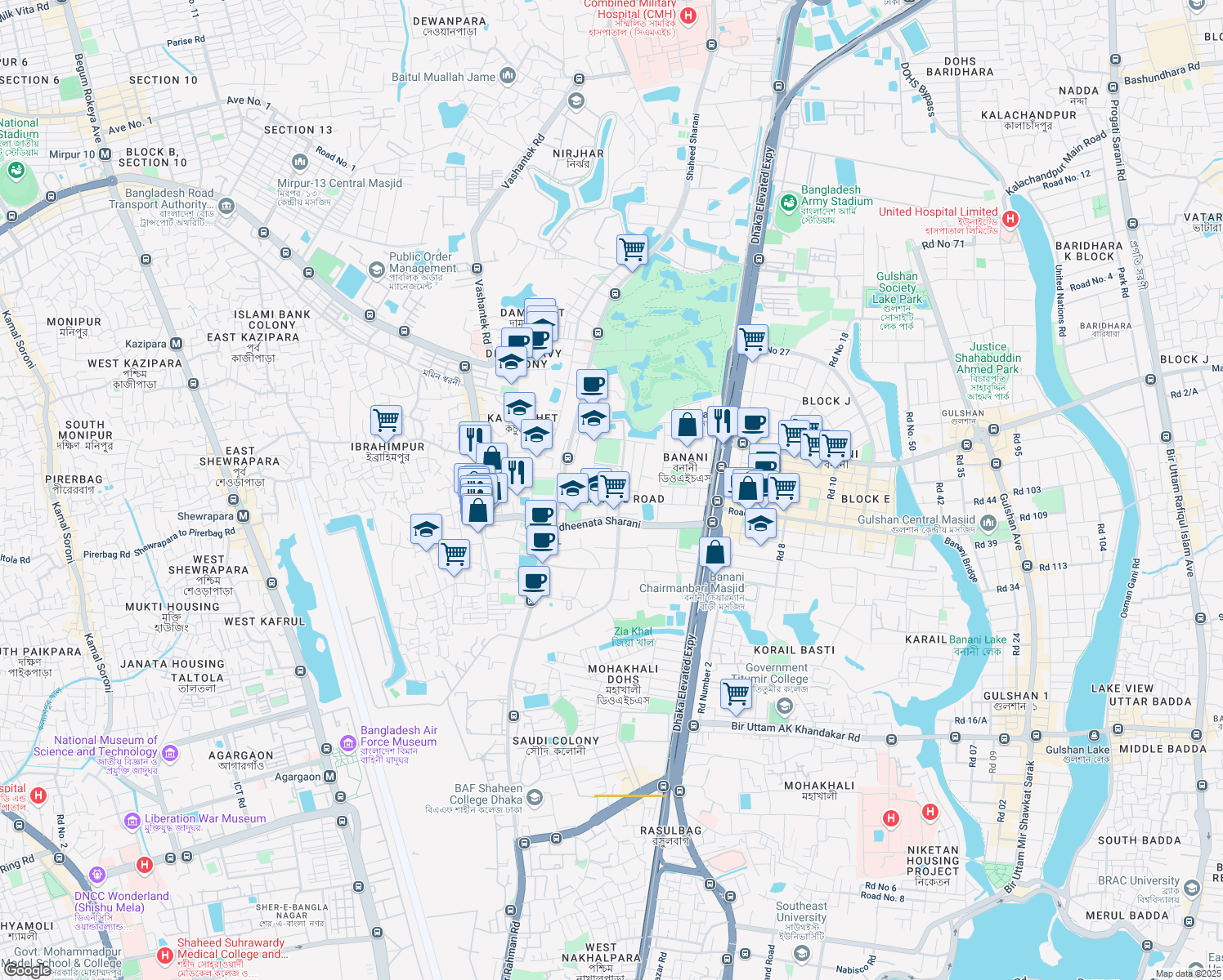 map of restaurants, bars, coffee shops, grocery stores, and more near Shaheed Moinul Road in Dhaka
