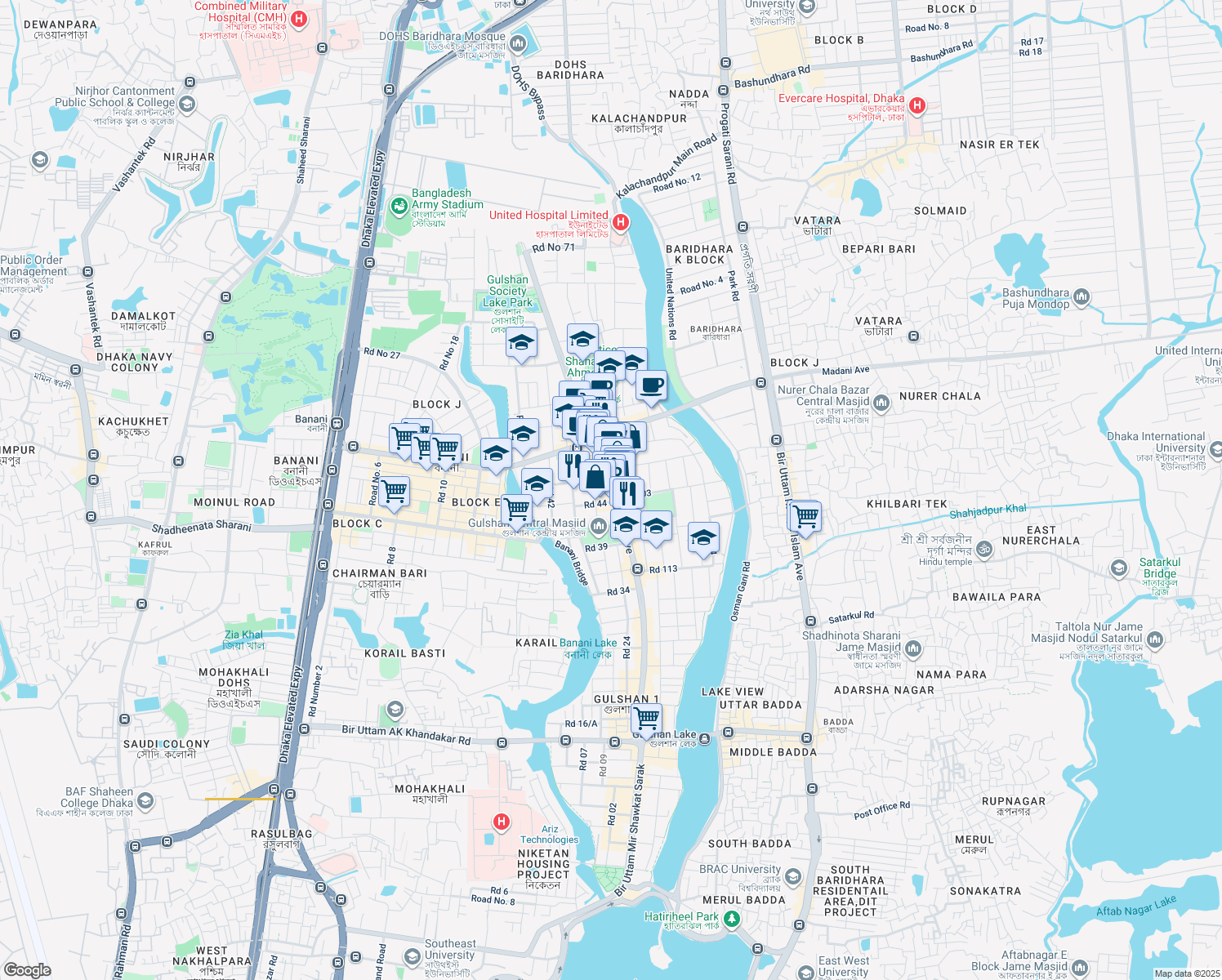 map of restaurants, bars, coffee shops, grocery stores, and more near 75 Gulshan Avenue in Dhaka