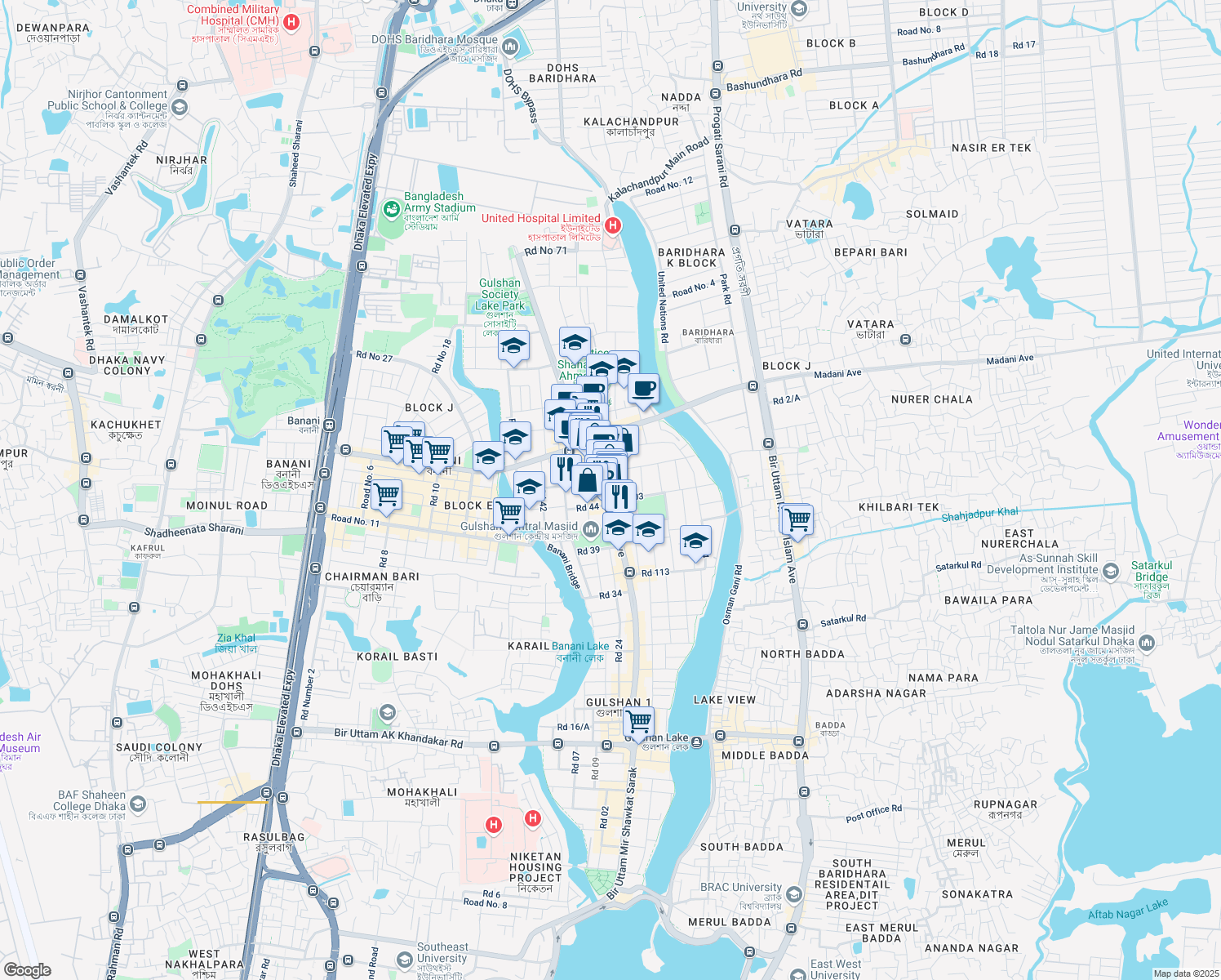 map of restaurants, bars, coffee shops, grocery stores, and more near 134 Gulshan Avenue in Dhaka