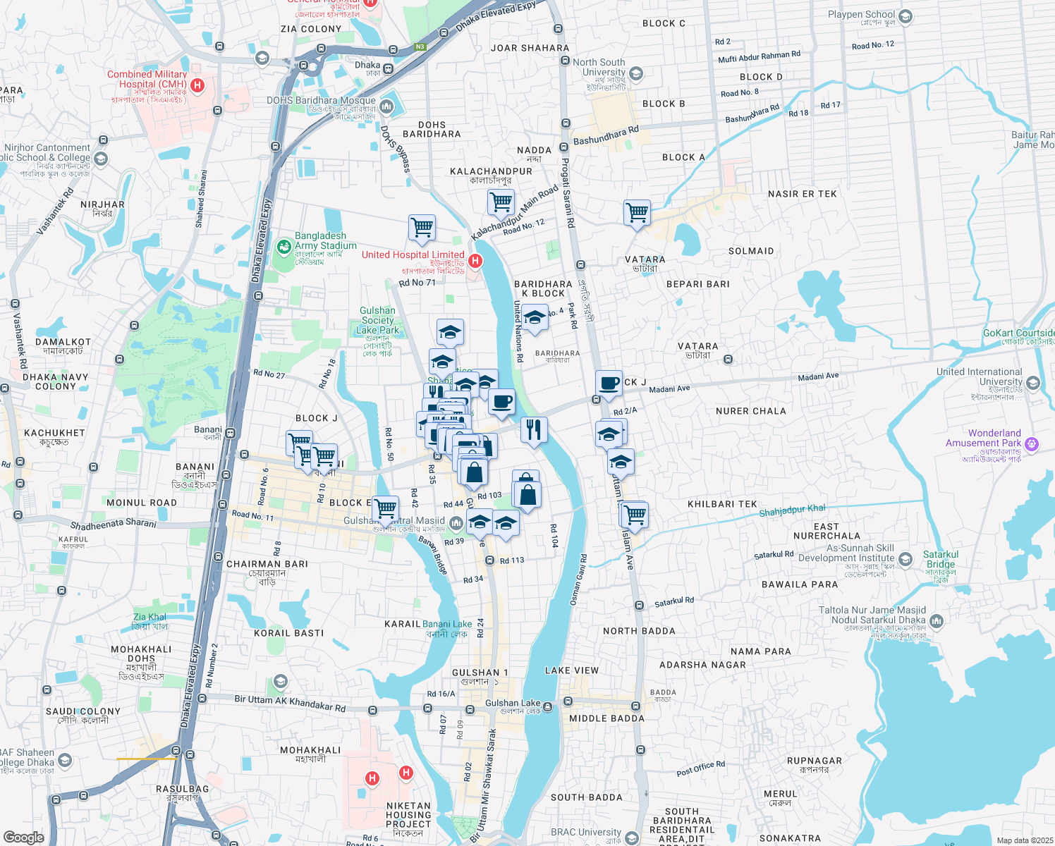 map of restaurants, bars, coffee shops, grocery stores, and more near Madani Avenue in Dhaka