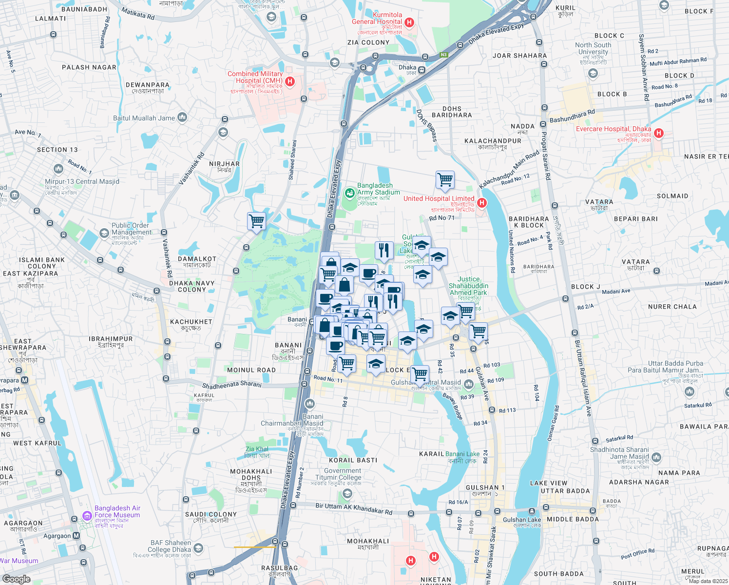 map of restaurants, bars, coffee shops, grocery stores, and more near 46 Road No 16 in Dhaka