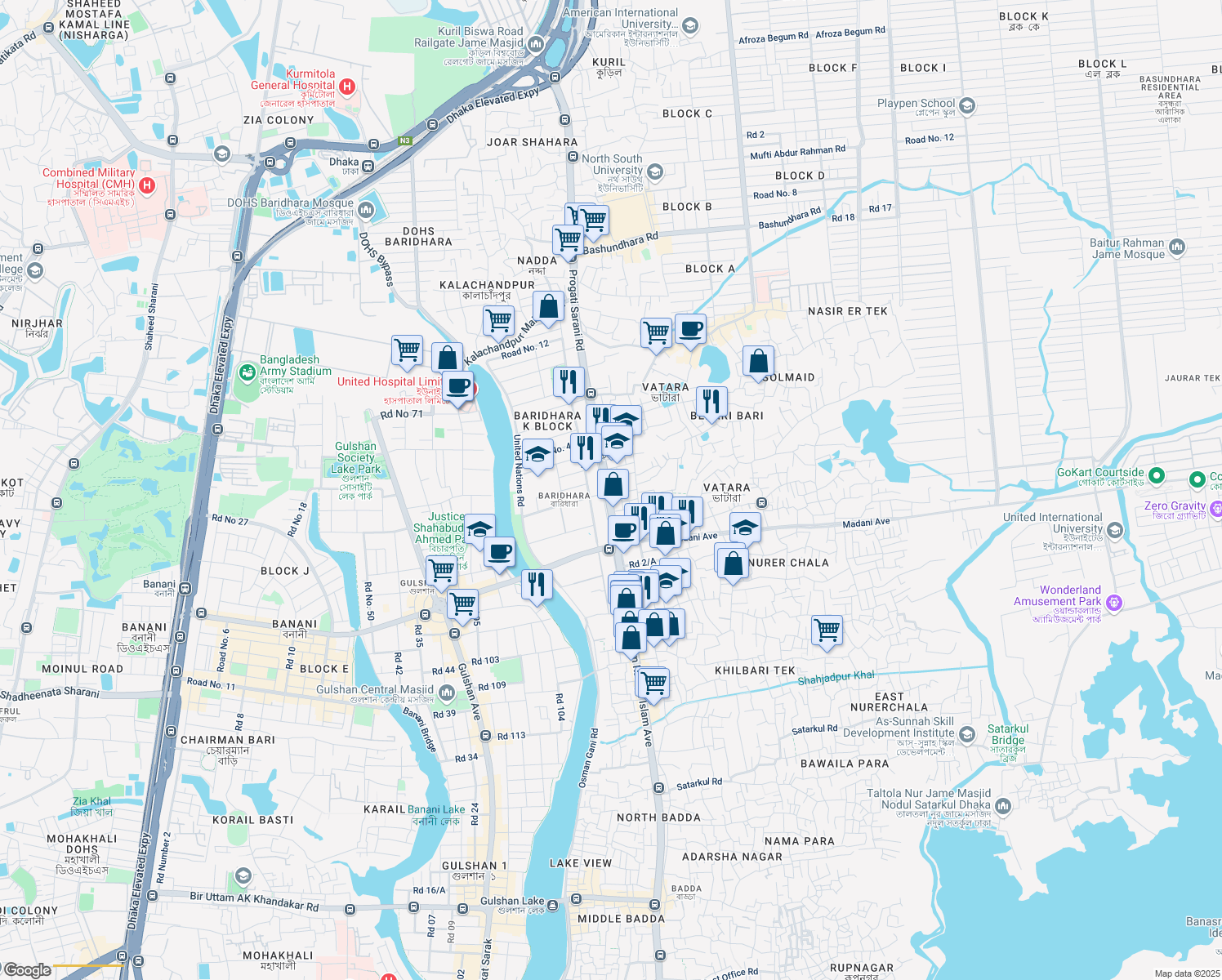 map of restaurants, bars, coffee shops, grocery stores, and more near Pragati Avenue in Dhaka