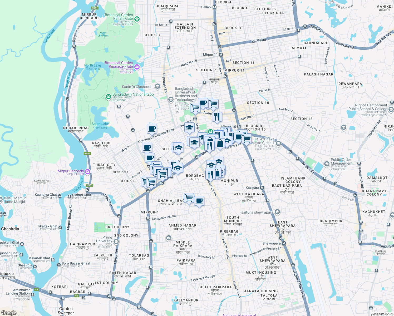 map of restaurants, bars, coffee shops, grocery stores, and more near 2 Mirpur Road in Dhaka