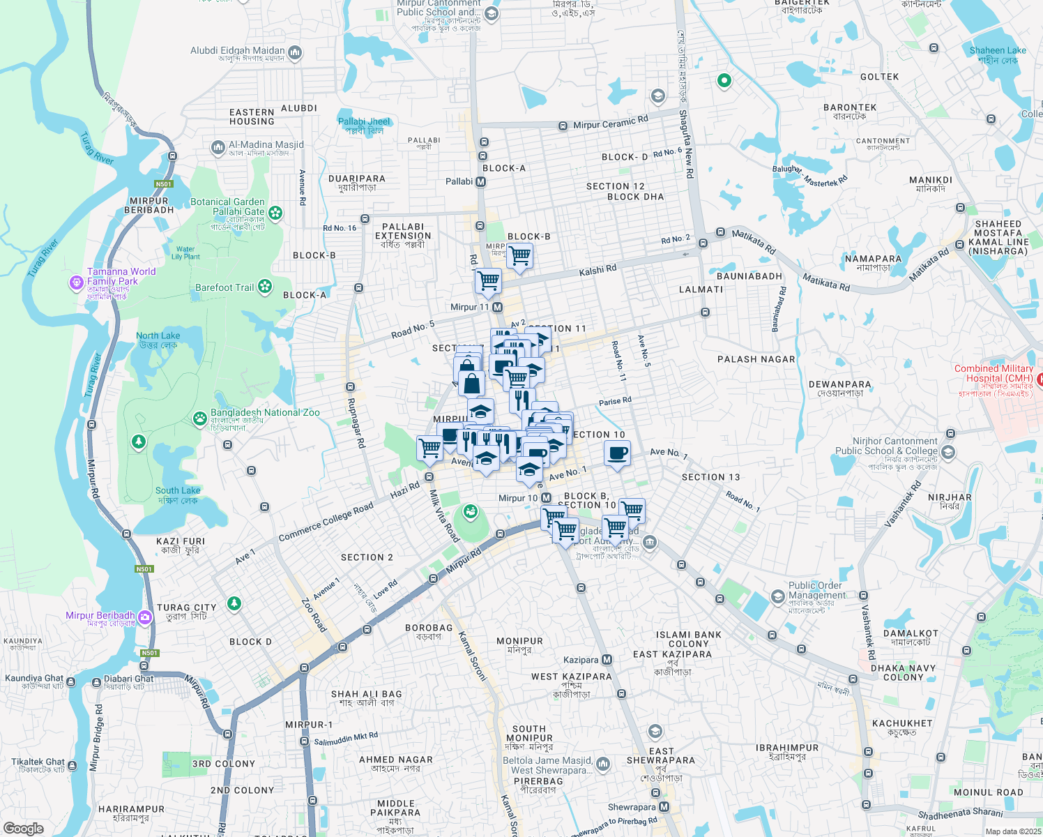 map of restaurants, bars, coffee shops, grocery stores, and more near 98 Begum Rokeya Avenue in Dhaka