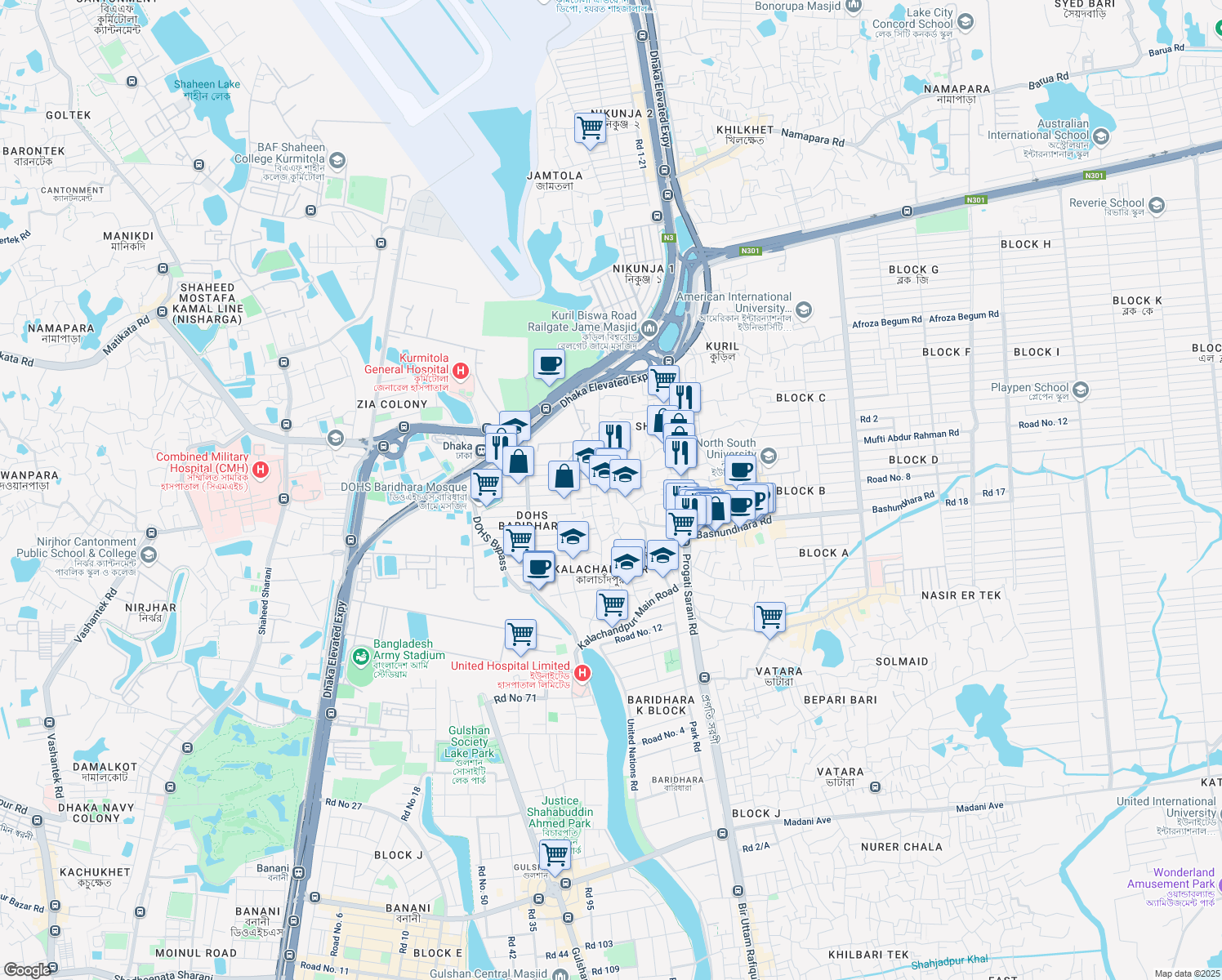 map of restaurants, bars, coffee shops, grocery stores, and more near 48 Joar Sahara Road in Dhaka