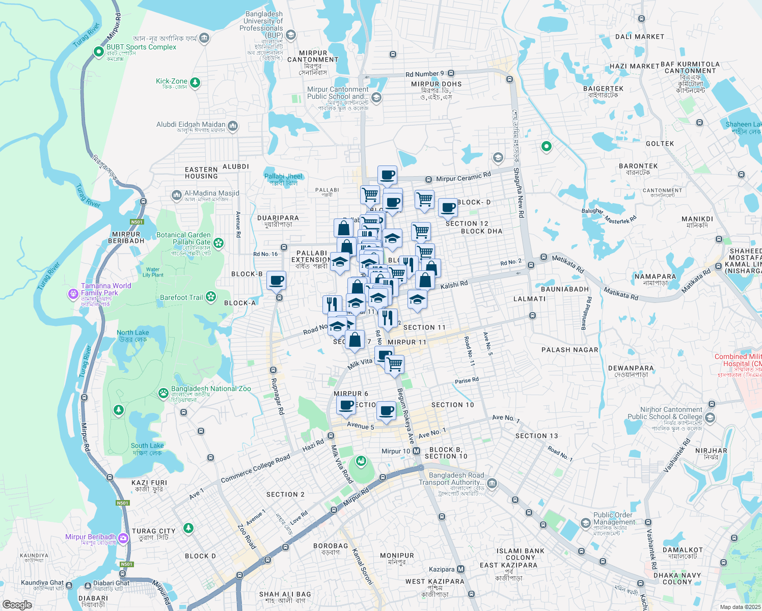 map of restaurants, bars, coffee shops, grocery stores, and more near Begum Rokeya Avenue in Dhaka