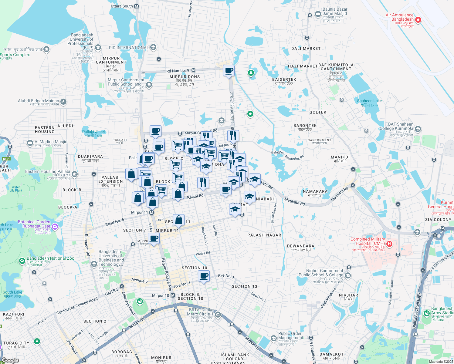map of restaurants, bars, coffee shops, grocery stores, and more near 12 Road No. 2 in Dhaka
