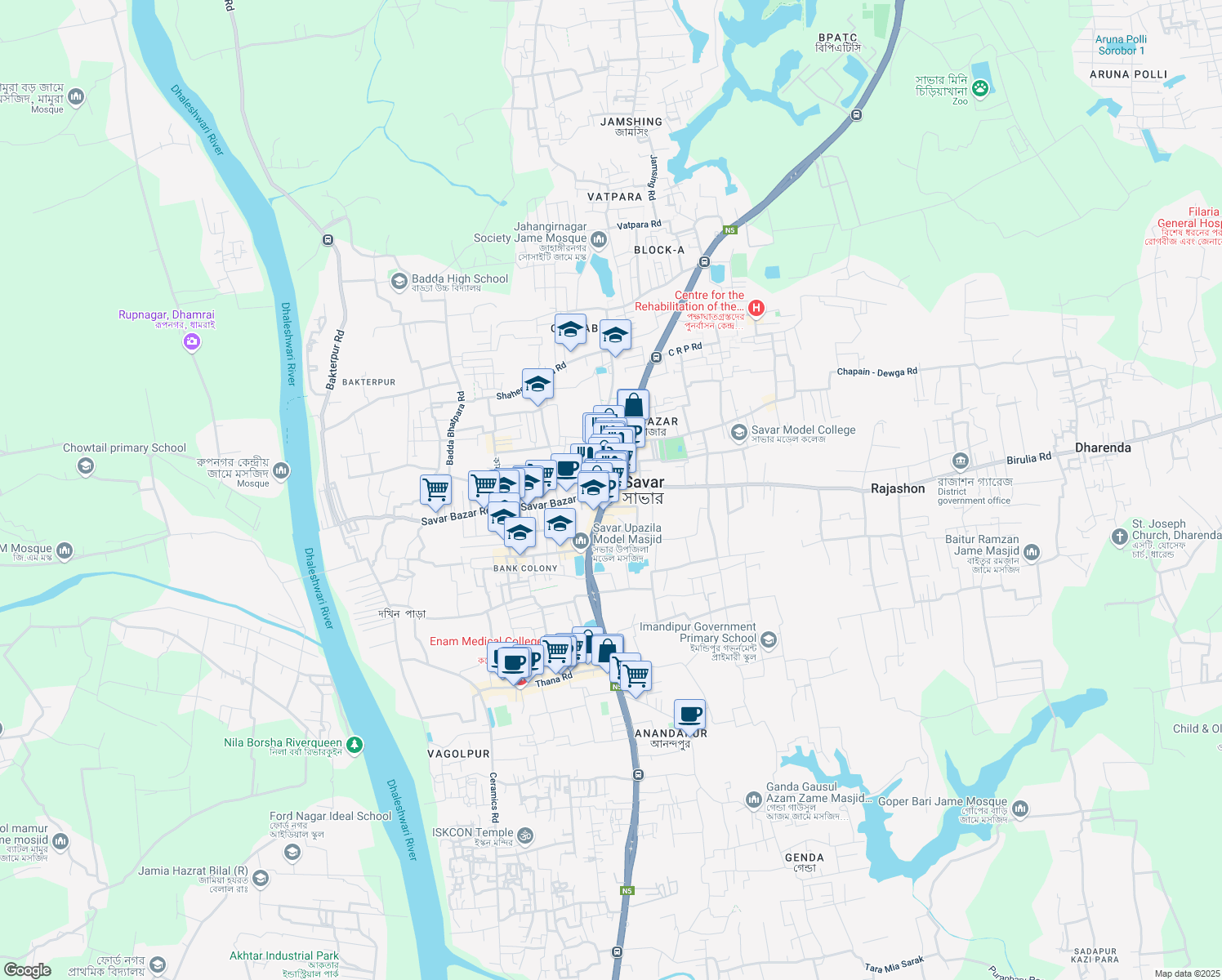 map of restaurants, bars, coffee shops, grocery stores, and more near Dhaka - Aricha Highway in Savar