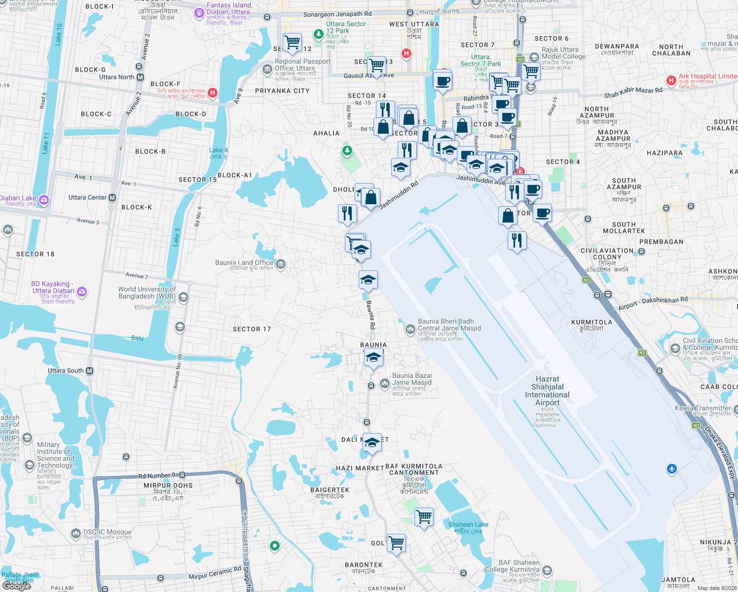map of restaurants, bars, coffee shops, grocery stores, and more near Bawnia Road in Dhaka