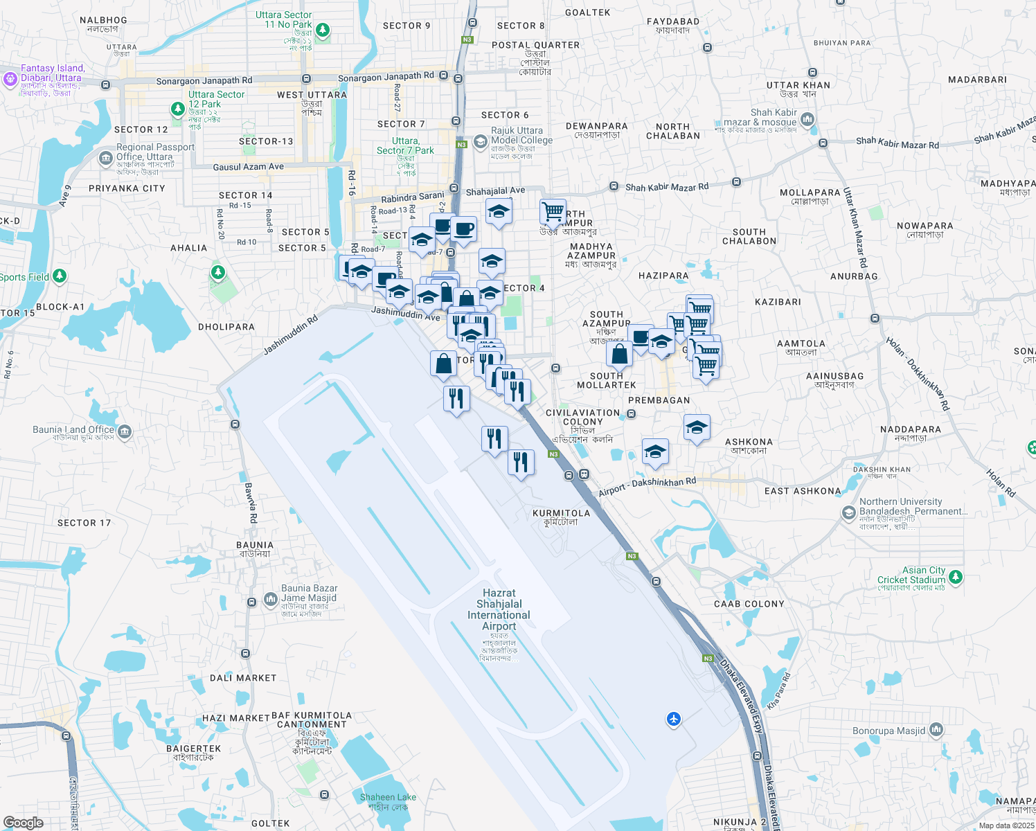 map of restaurants, bars, coffee shops, grocery stores, and more near Road No. 1 in Dhaka