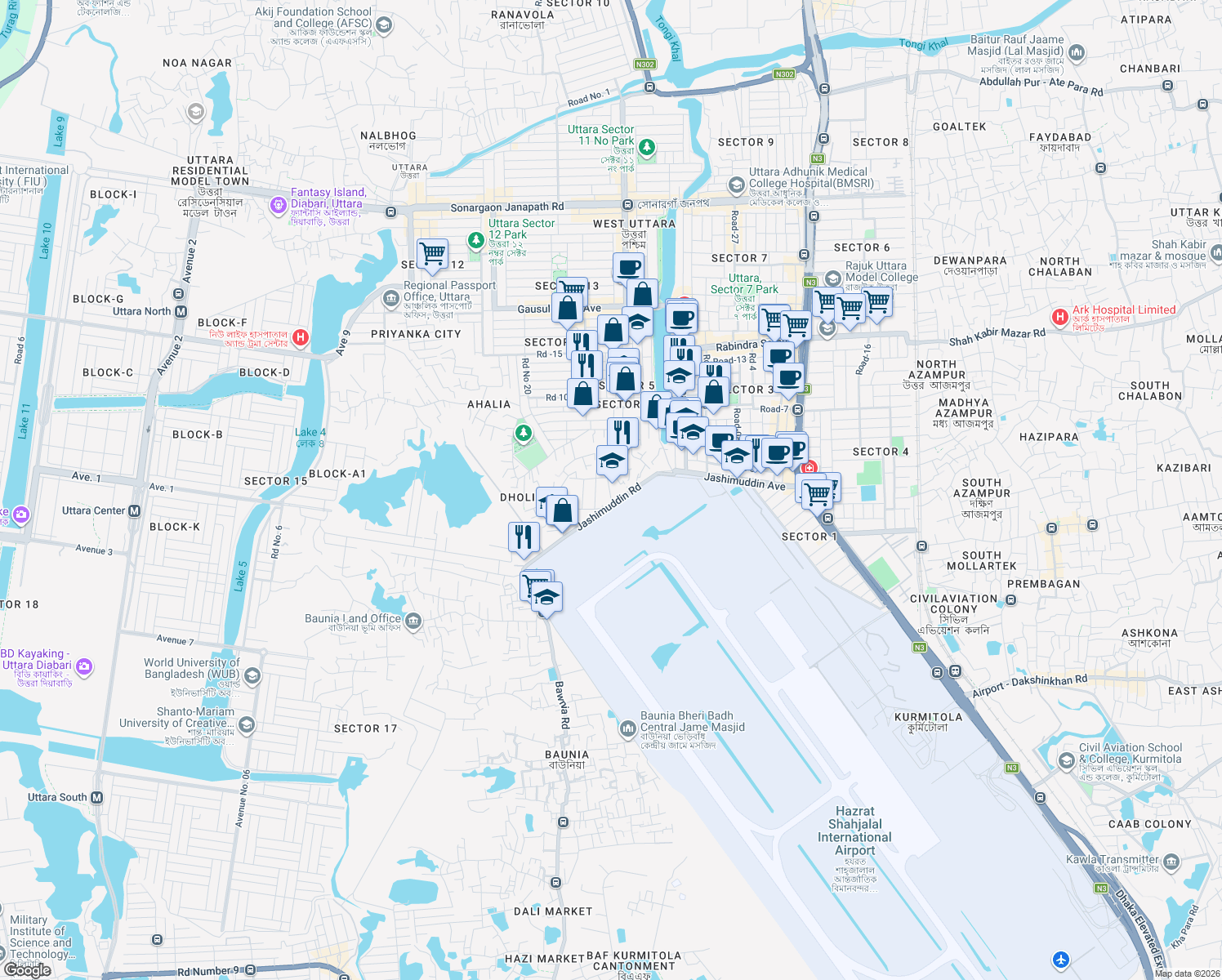 map of restaurants, bars, coffee shops, grocery stores, and more near 22 Jashimuddin Road in Dhaka