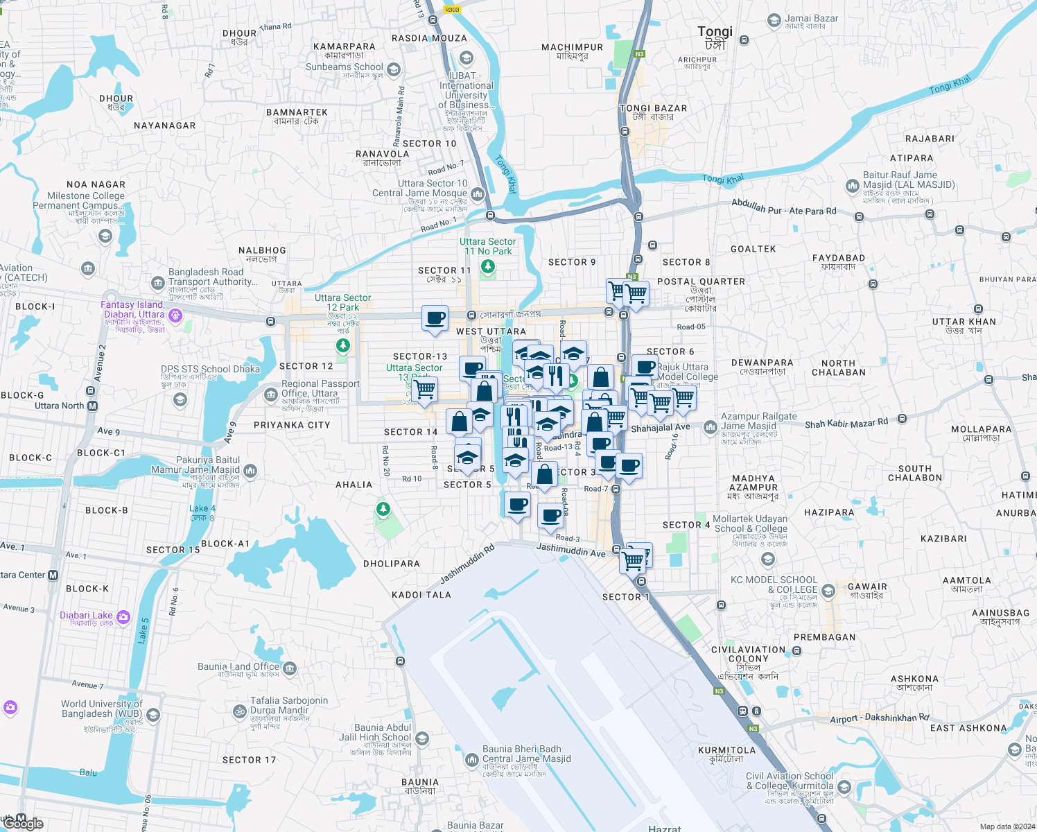 map of restaurants, bars, coffee shops, grocery stores, and more near 20 Road No 16 in Dhaka