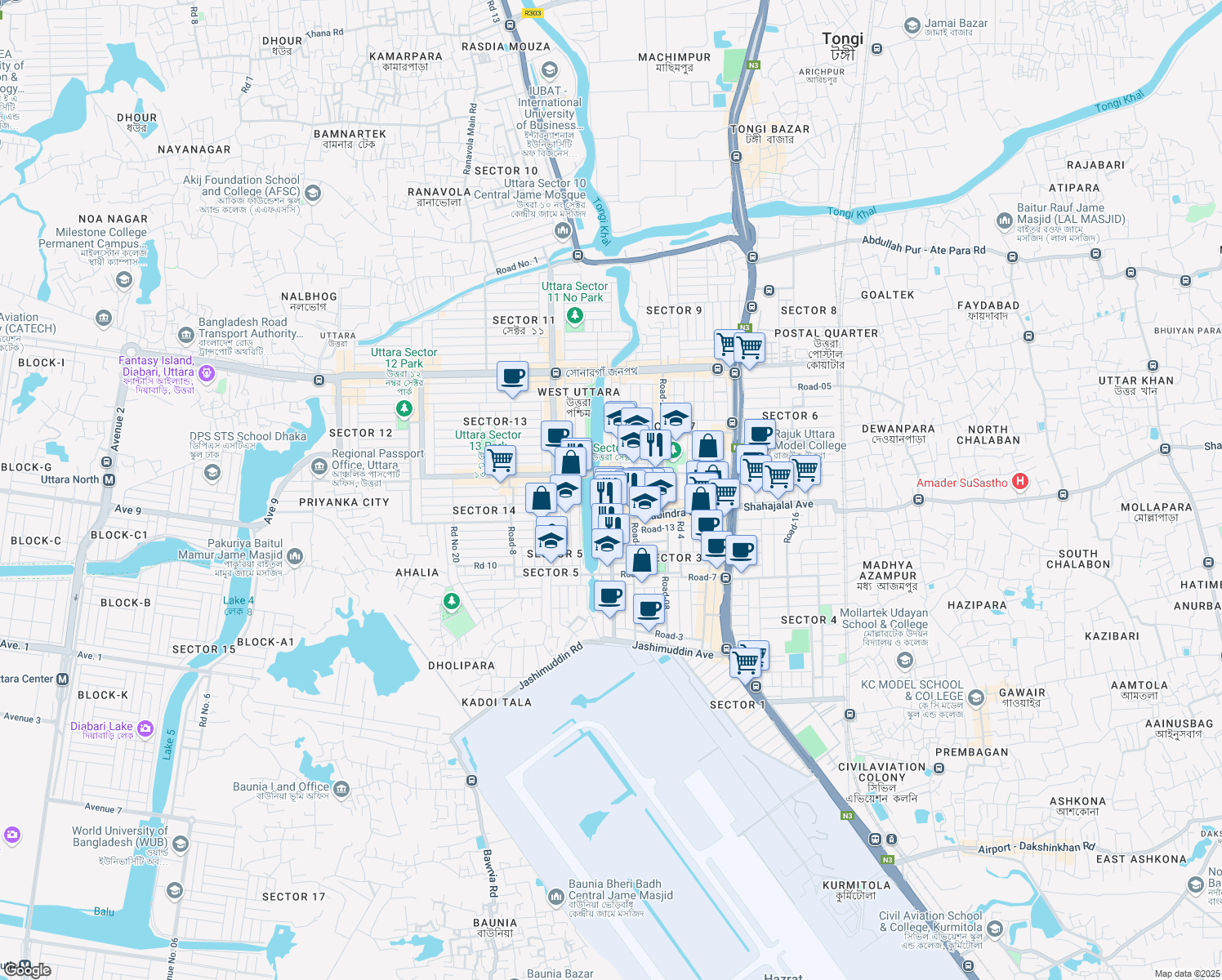 map of restaurants, bars, coffee shops, grocery stores, and more near 20 Road No 16 in Dhaka