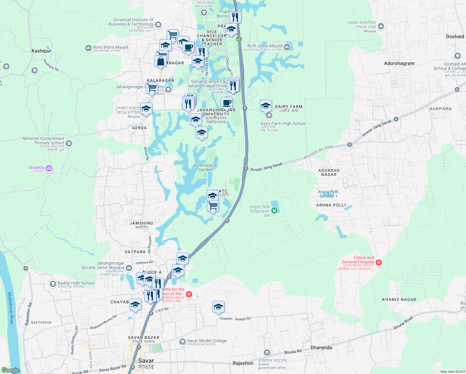 map of restaurants, bars, coffee shops, grocery stores, and more near Anwar Jang Sarak in Ashulia
