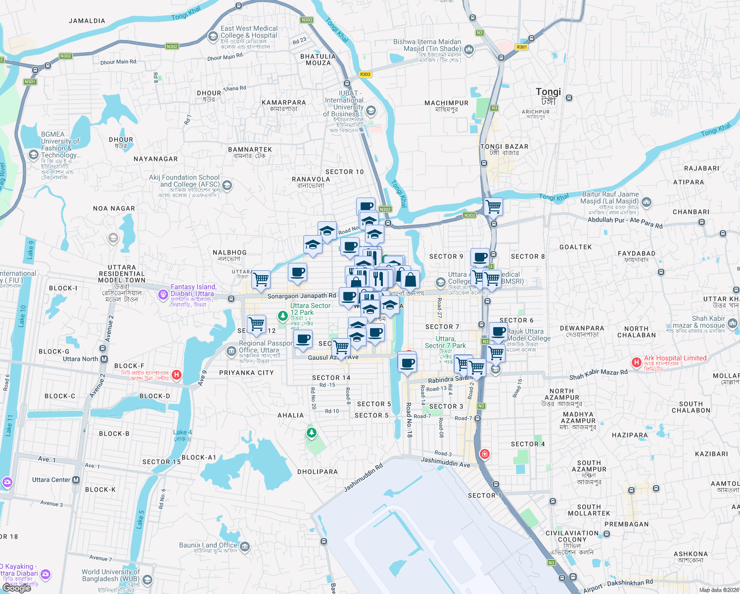 map of restaurants, bars, coffee shops, grocery stores, and more near 23&25 Sonargaon Janapath in Dhaka