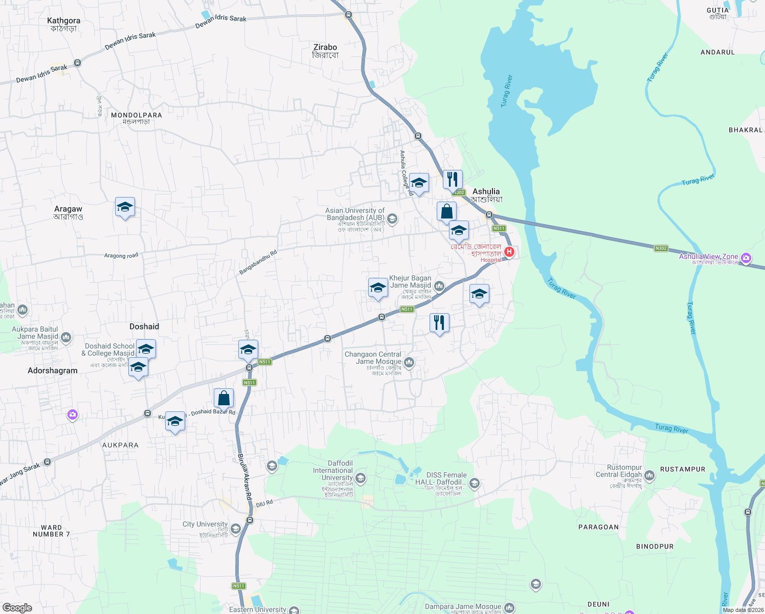map of restaurants, bars, coffee shops, grocery stores, and more near Anwar Jang Sarak in Ashulia