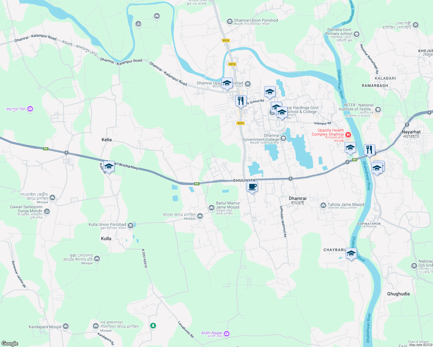 map of restaurants, bars, coffee shops, grocery stores, and more near in ঢাকা জেলা
