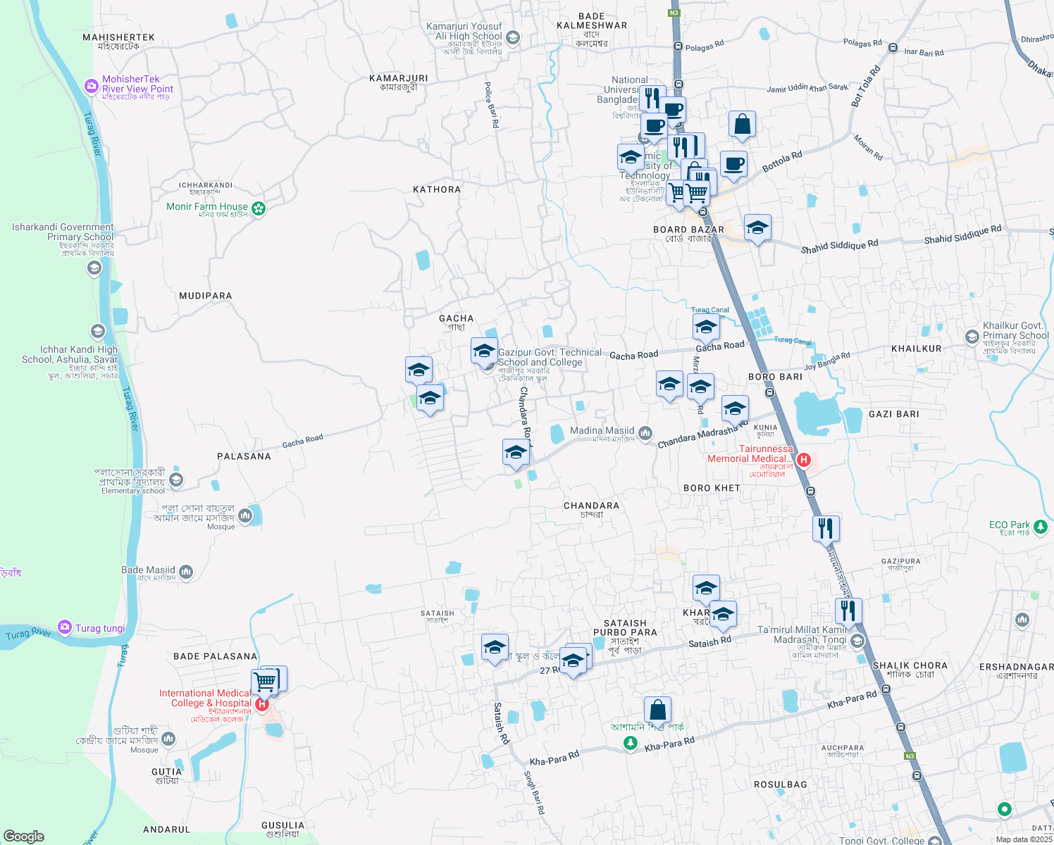 map of restaurants, bars, coffee shops, grocery stores, and more near 1704 Gacha Road in Tongi