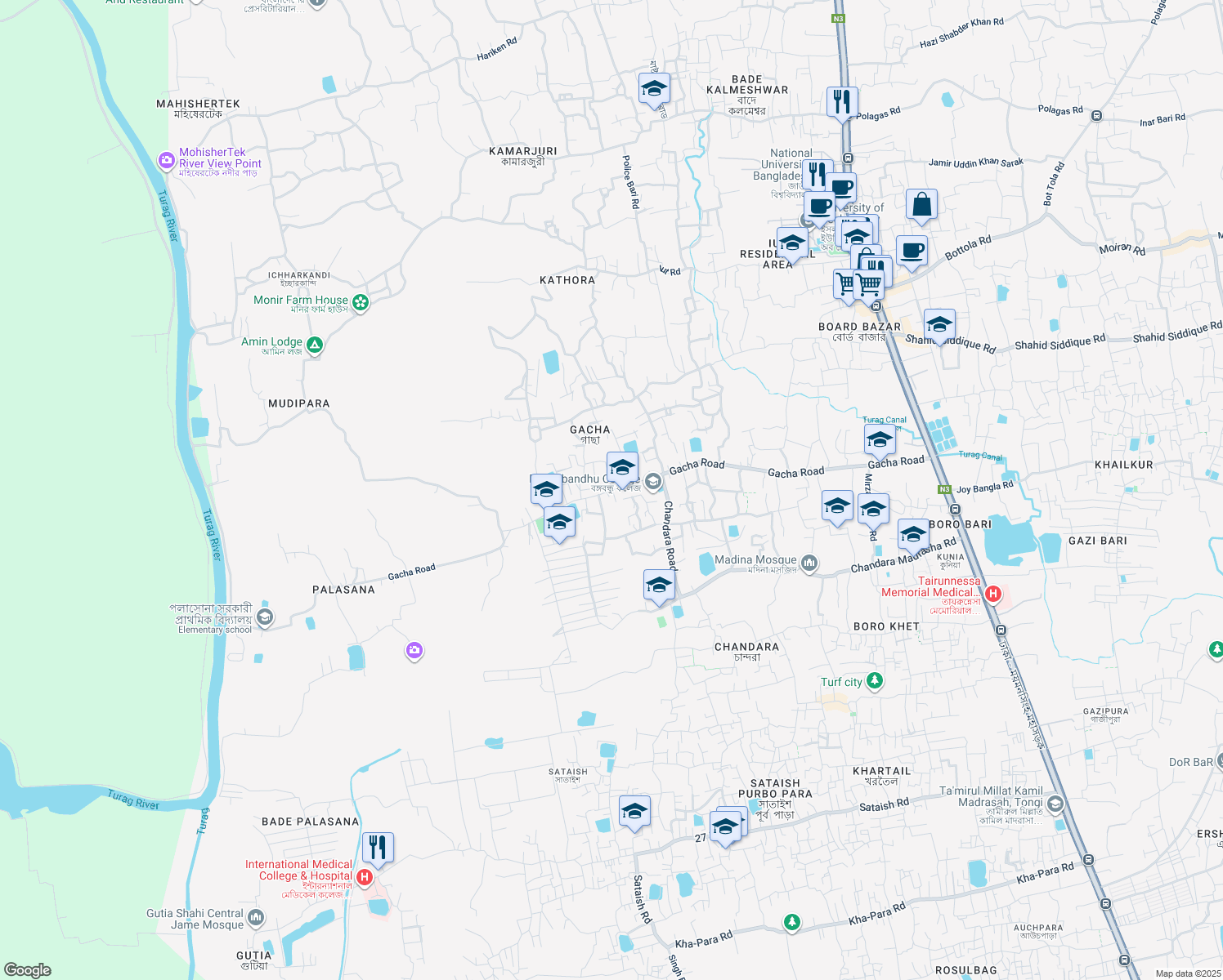 map of restaurants, bars, coffee shops, grocery stores, and more near Gacha Road in Tongi