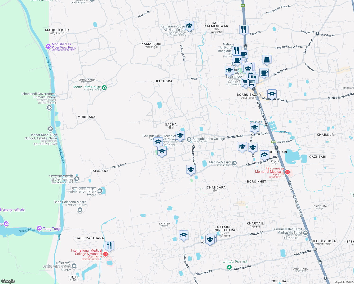 map of restaurants, bars, coffee shops, grocery stores, and more near 1704 Gacha Road in Tongi
