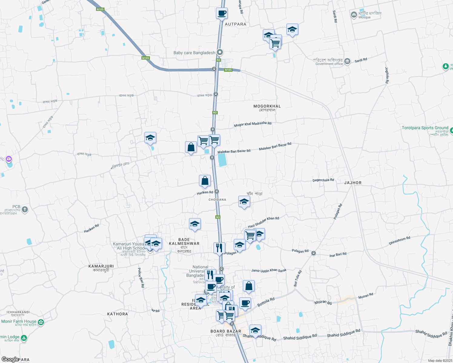 map of restaurants, bars, coffee shops, grocery stores, and more near 72 Degerchala Road in Gazipur