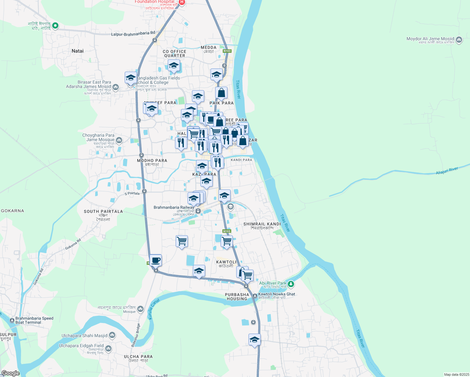 map of restaurants, bars, coffee shops, grocery stores, and more near Power House Road in Brahmanbaria